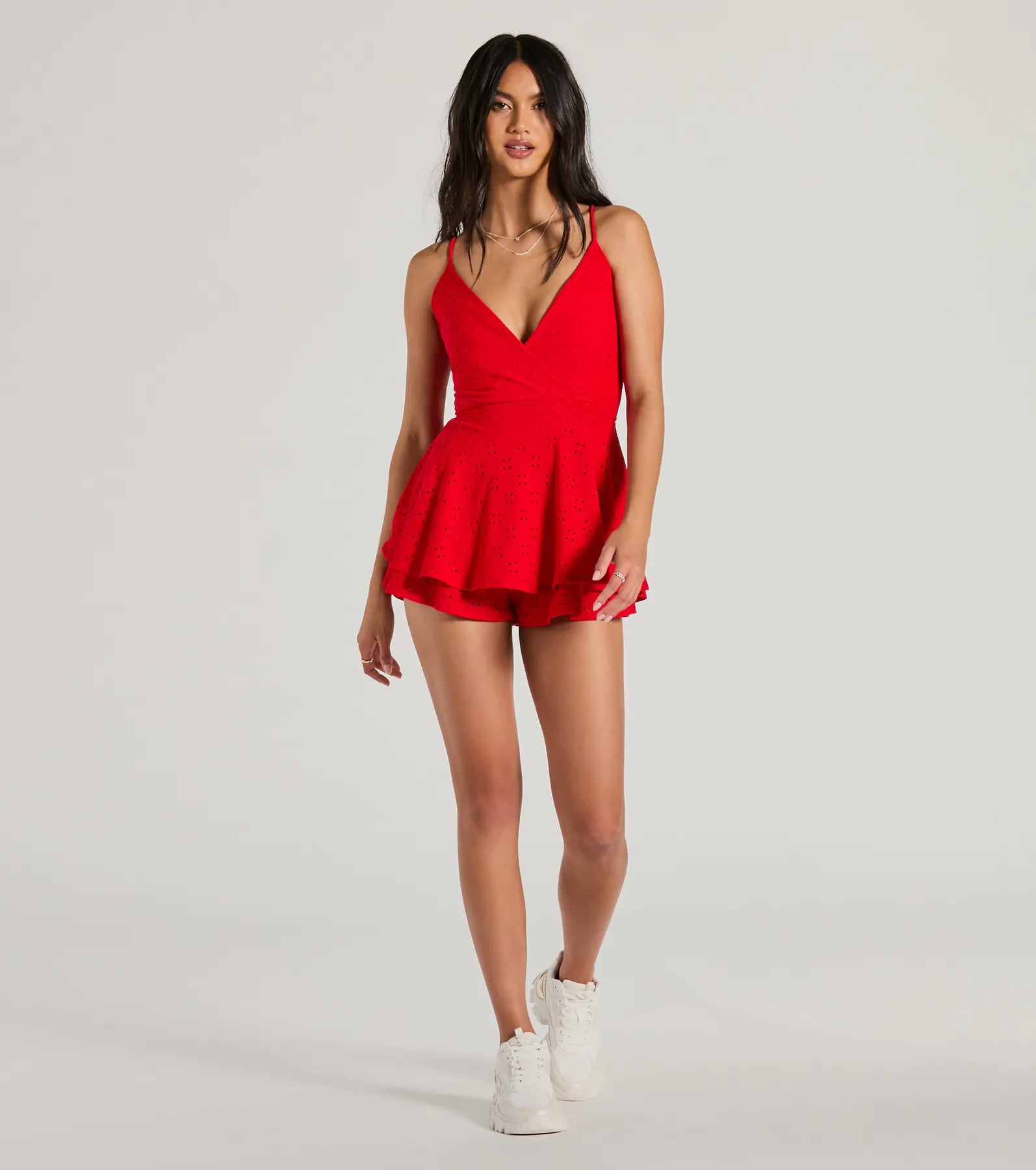 Adoring Style V-Neck Tie Eyelet Skater Romper