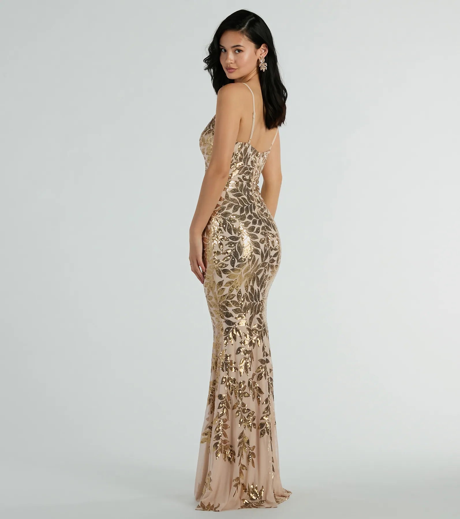 Brie Formal Sequin Leaf Plunge Mermaid Dress