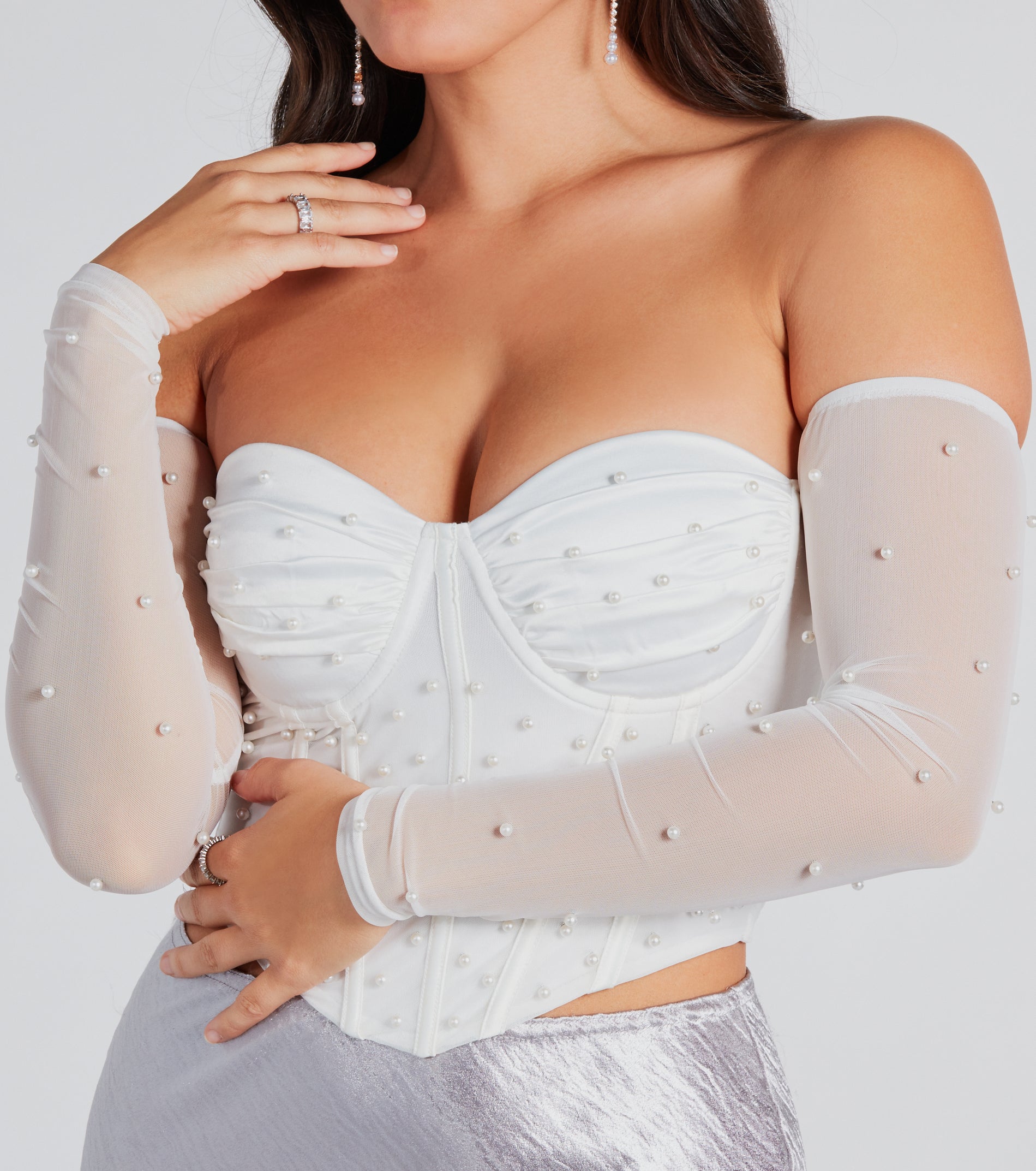 Glam Bombshell Faux Pearl Mesh Bustier