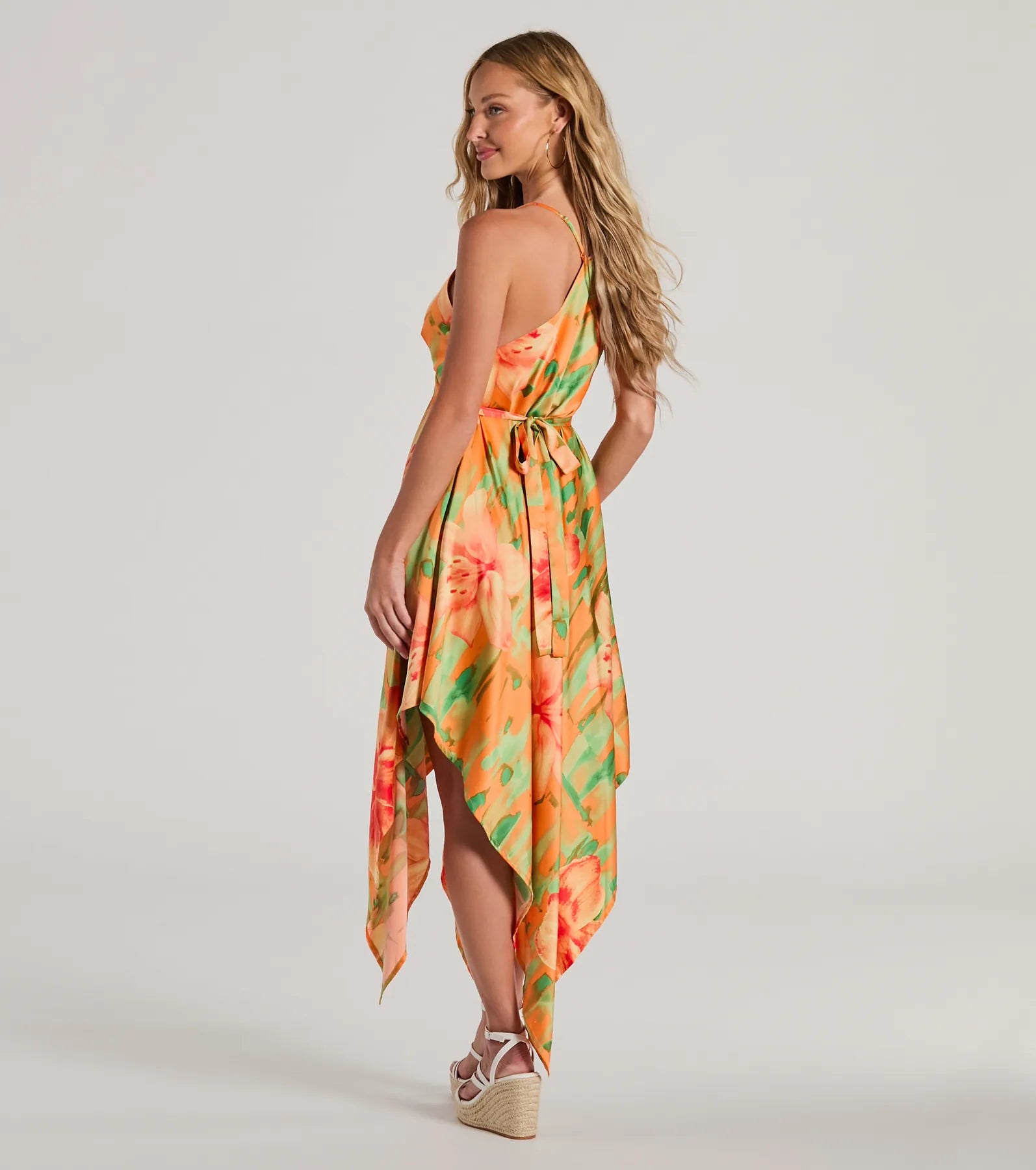 Paradise Bound Tropical Floral Satin Midi Dress