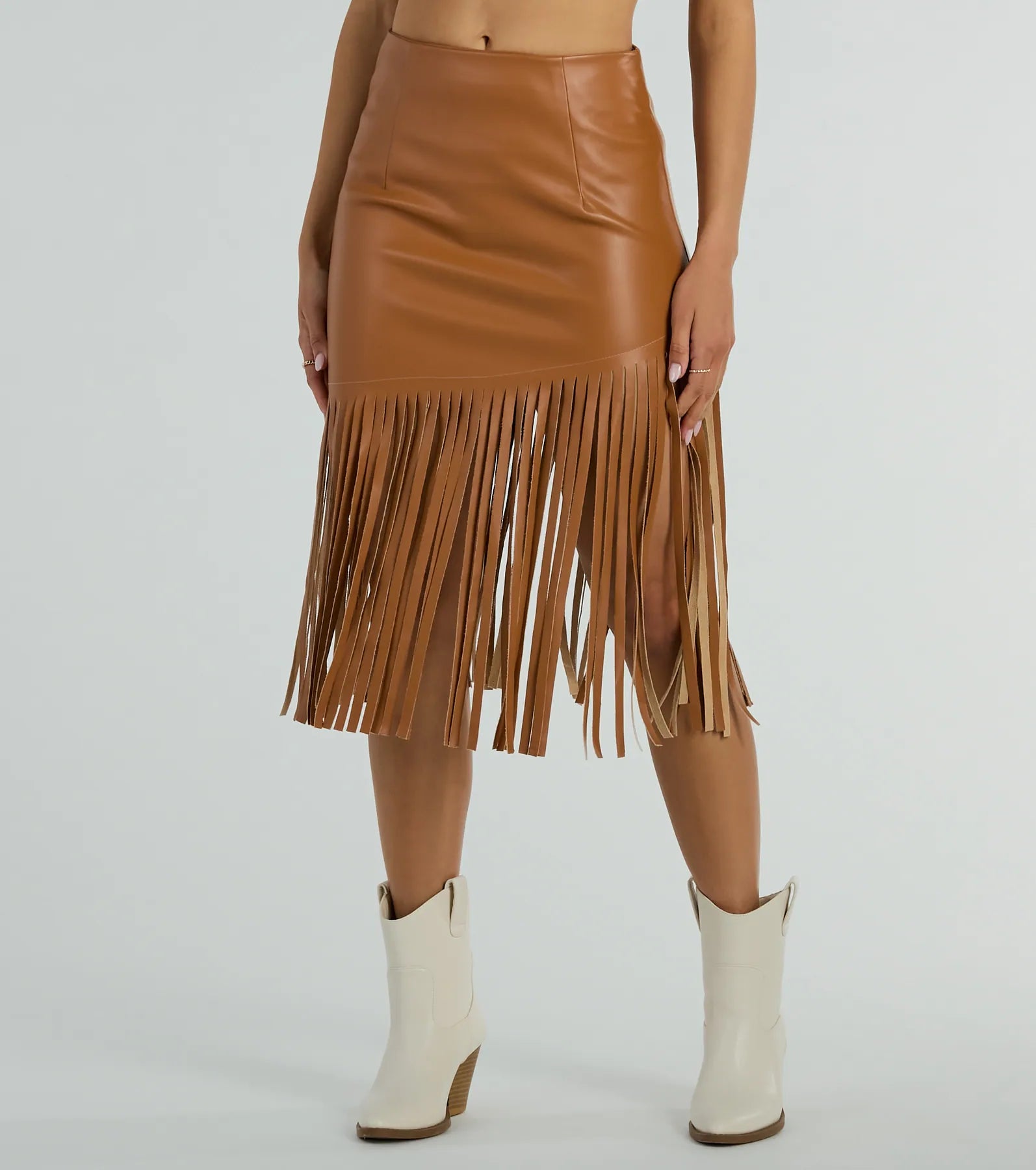 Country Songs Fringe Faux Leather Midi Skirt