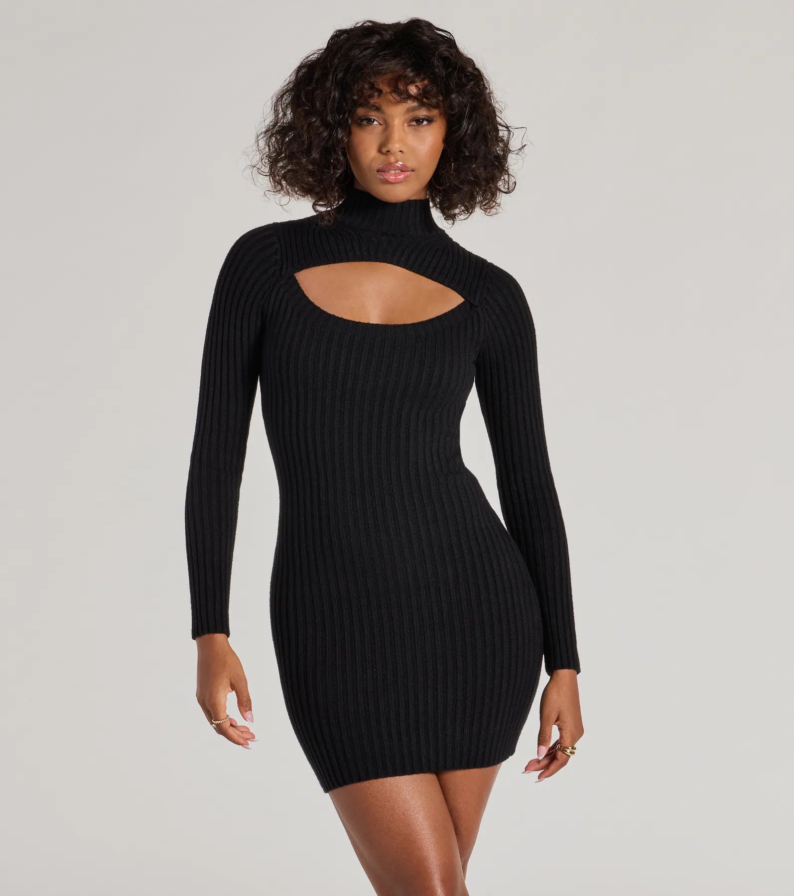 Chic Season Mock Neck Cutout Ribbed Knit Mini Dress