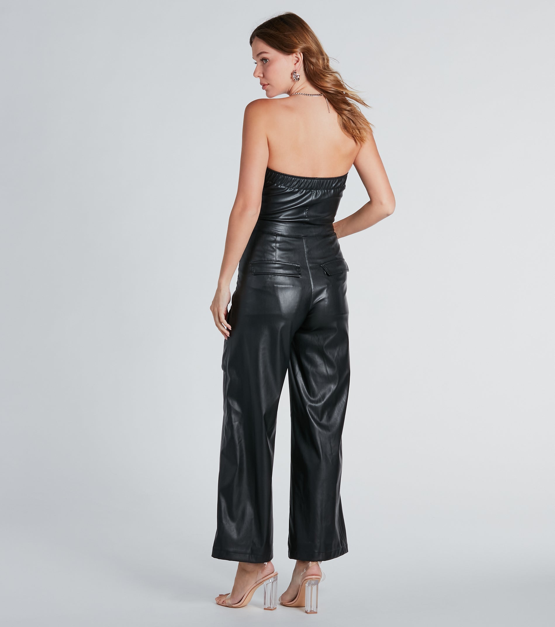 Serving Chic Style Faux Leather Belted Jumpsuit