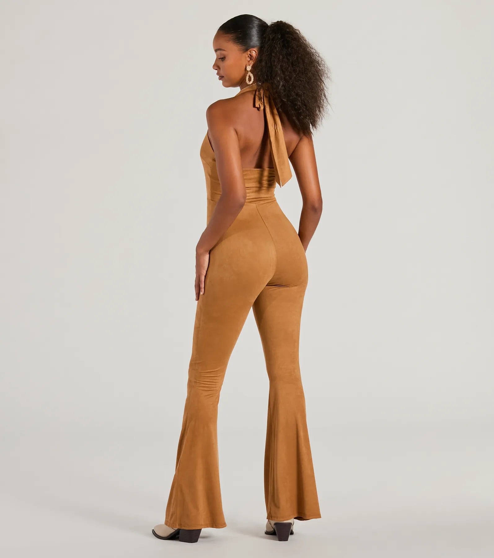 Eyes On Me Lace-Up Flare Faux Suede Jumpsuit