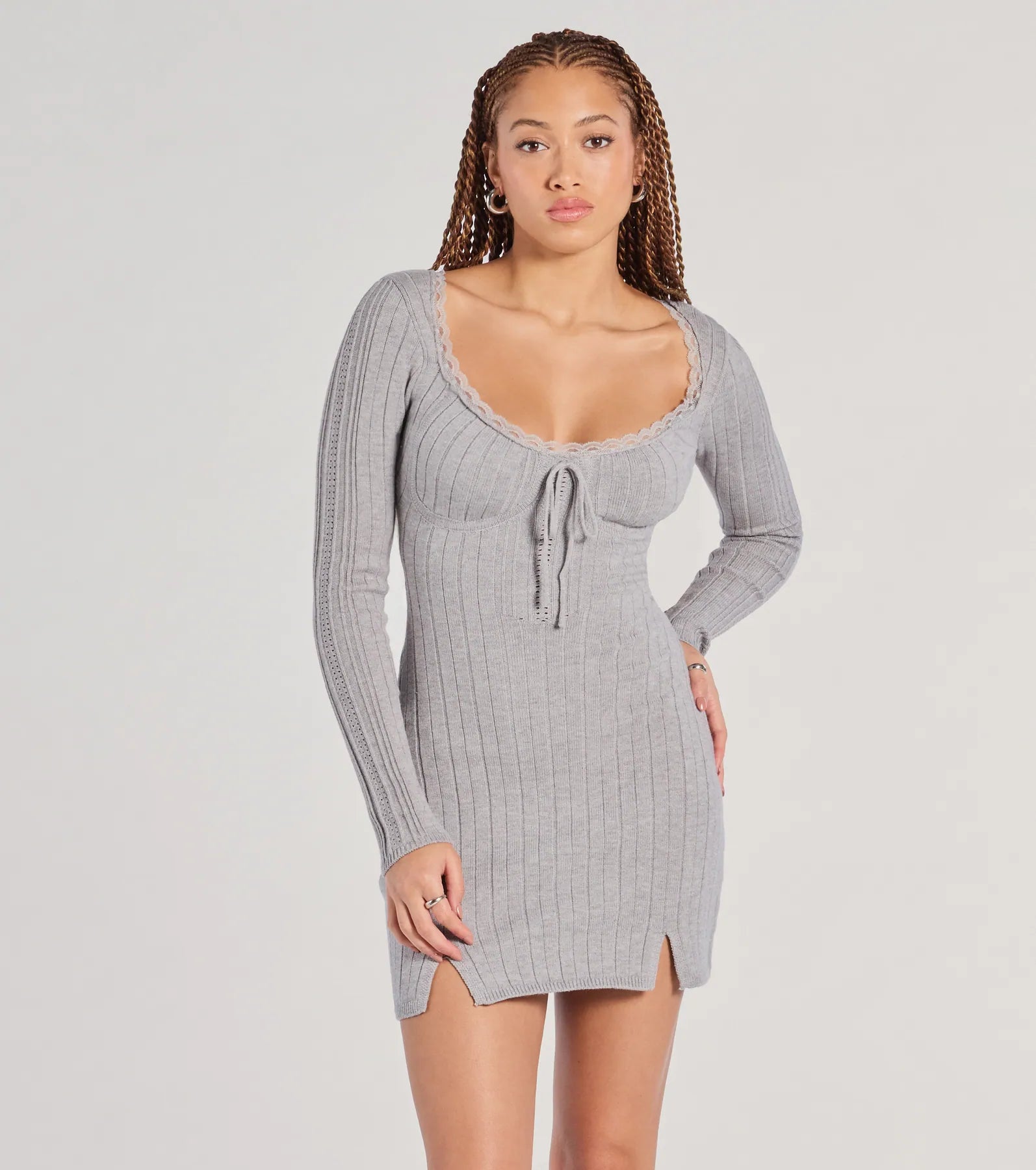 Such A Flirt Lace Trim Scoop Neck Knit Mini Dress