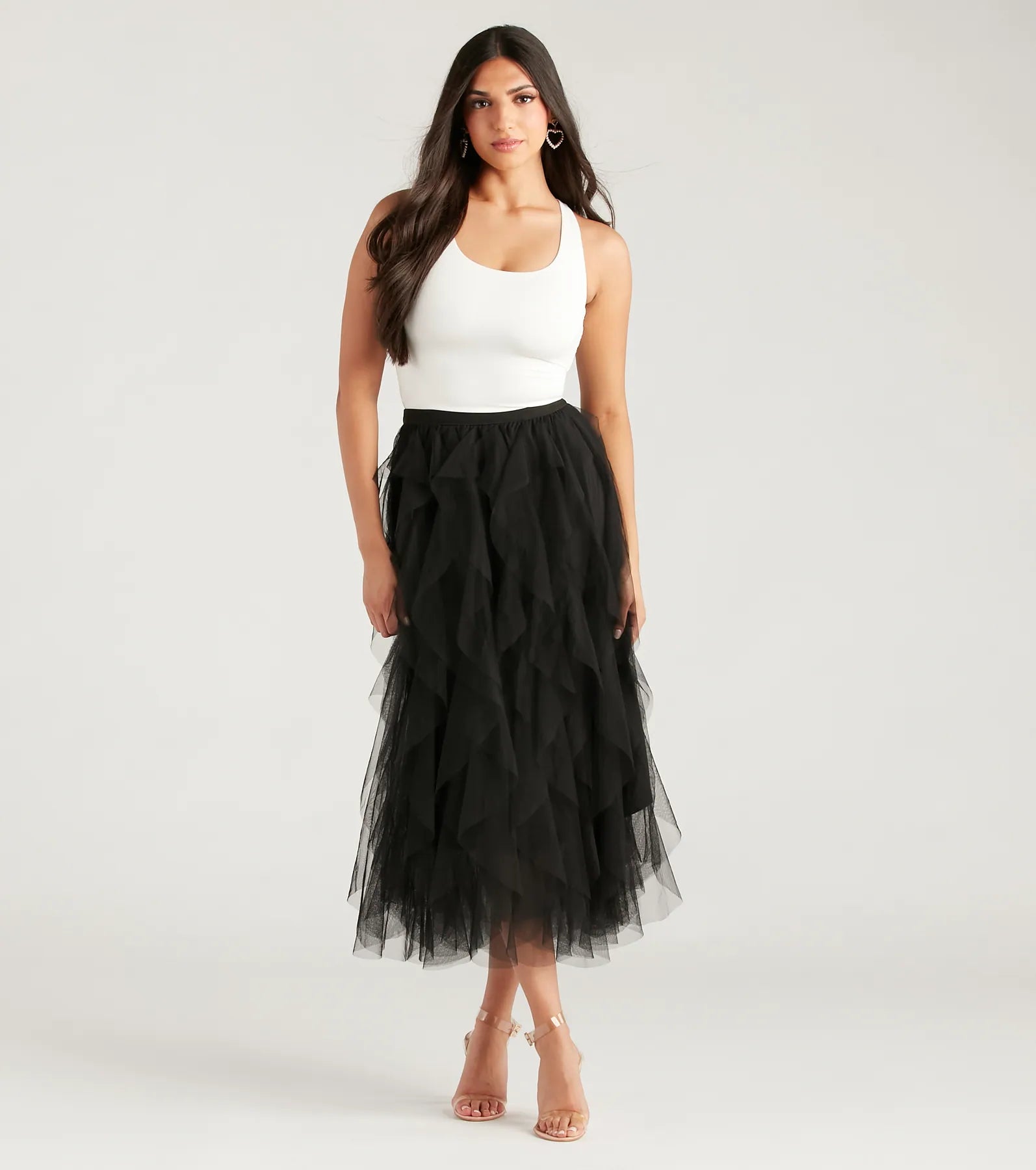 A Little Drama Ruffled Tulle Midi Skirt