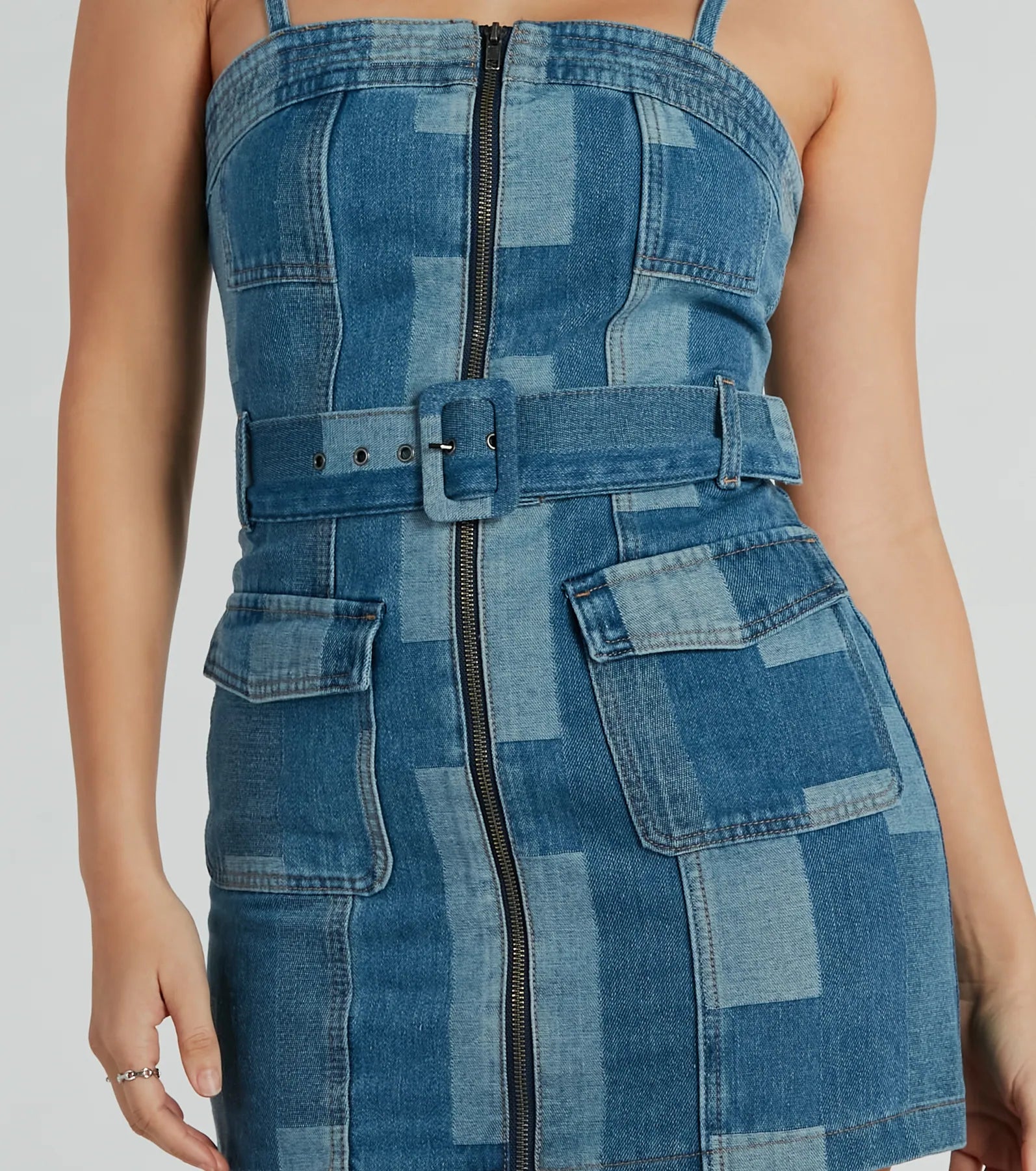 Patchwork It Belted Denim Mini Dress