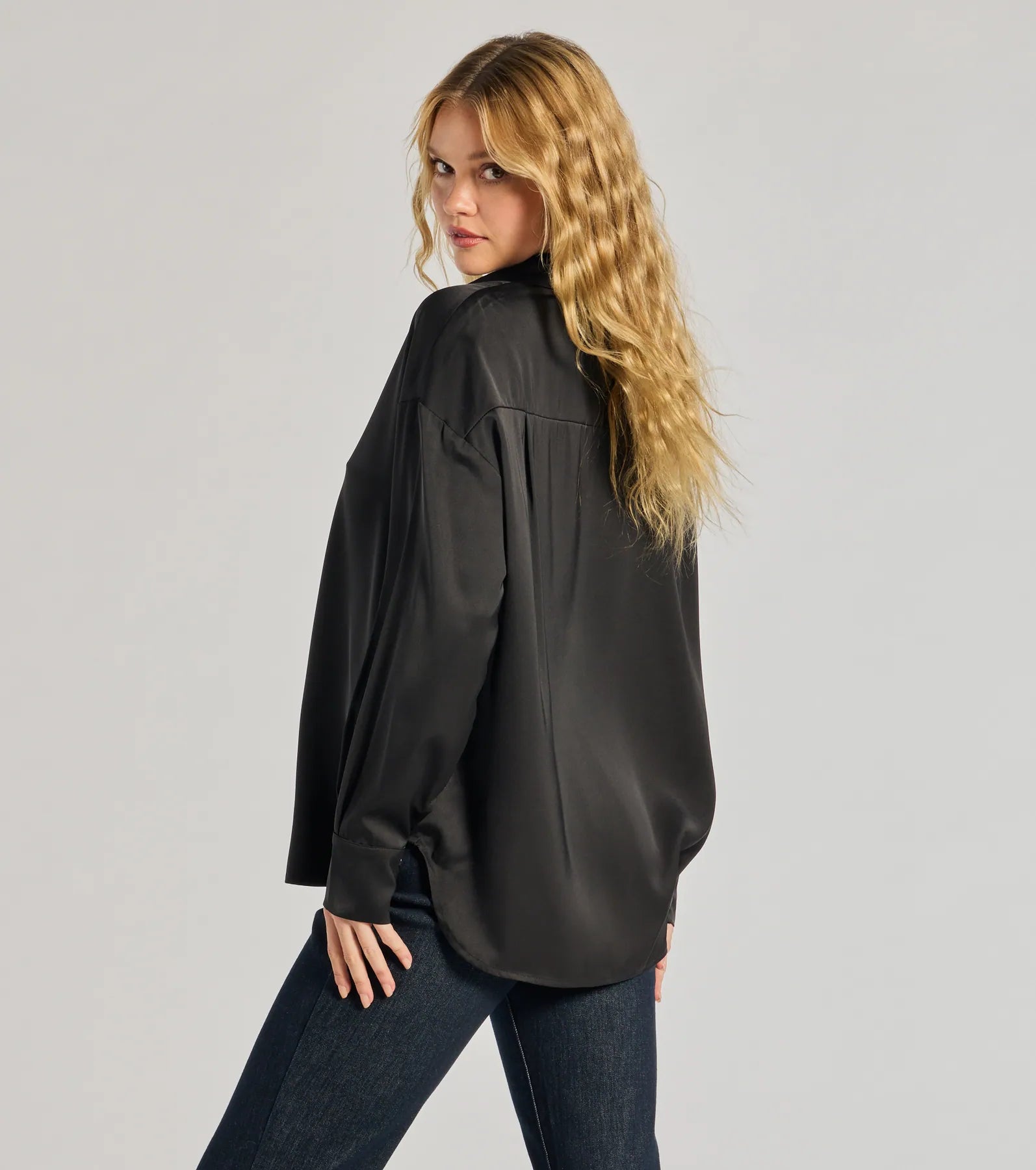 Always Chic Satin Button-Down Long Sleeve Top