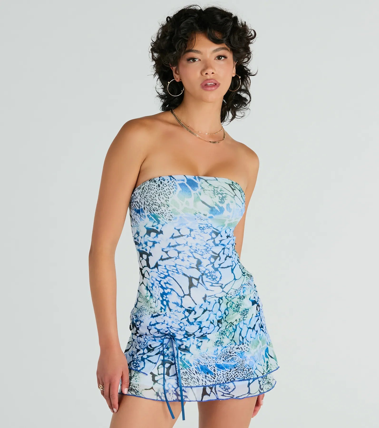 Vibrant Strapless Butterfly Print Mini Dress