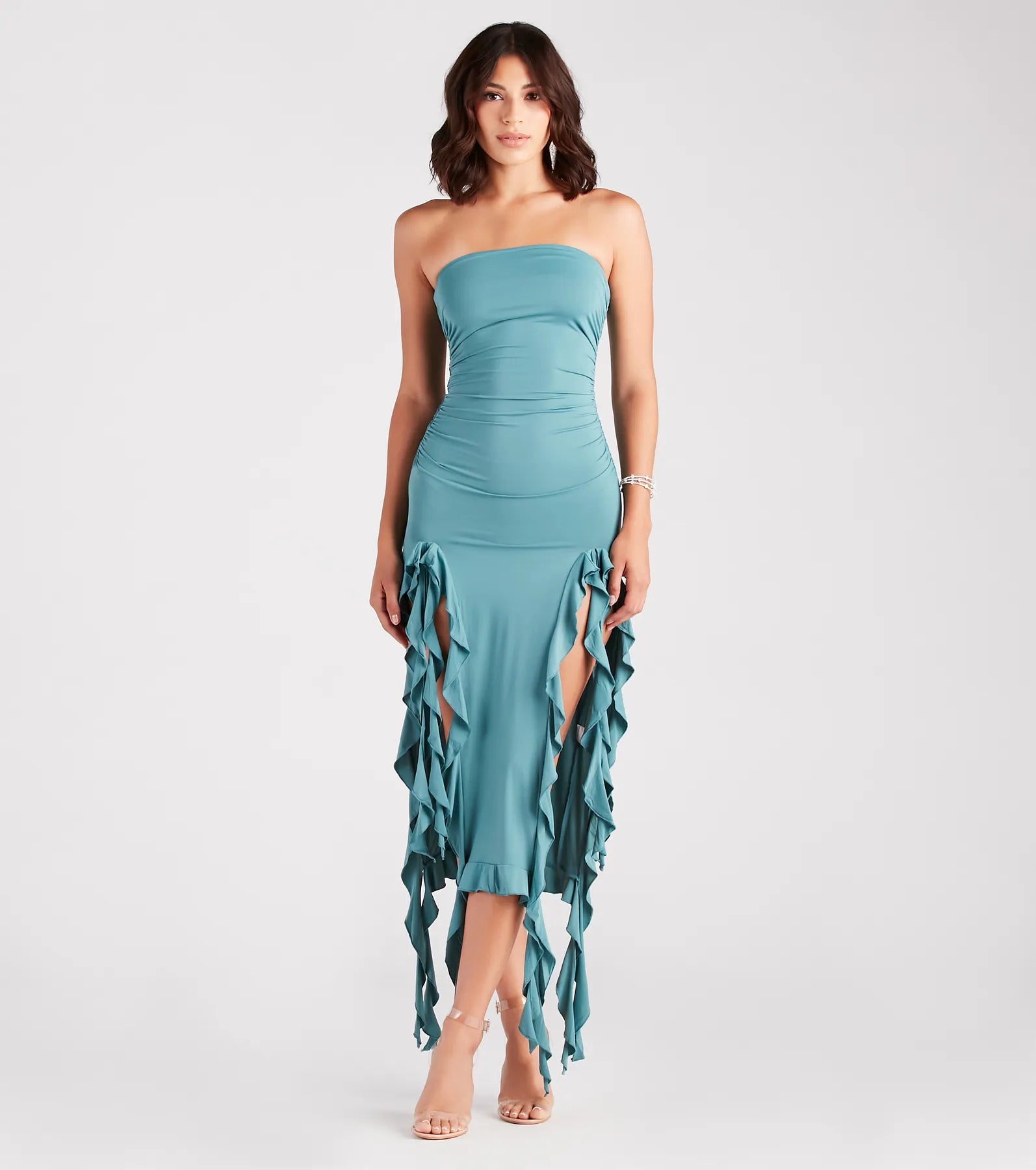 Flirty Attitude Ruffled High Slit Midi Dress