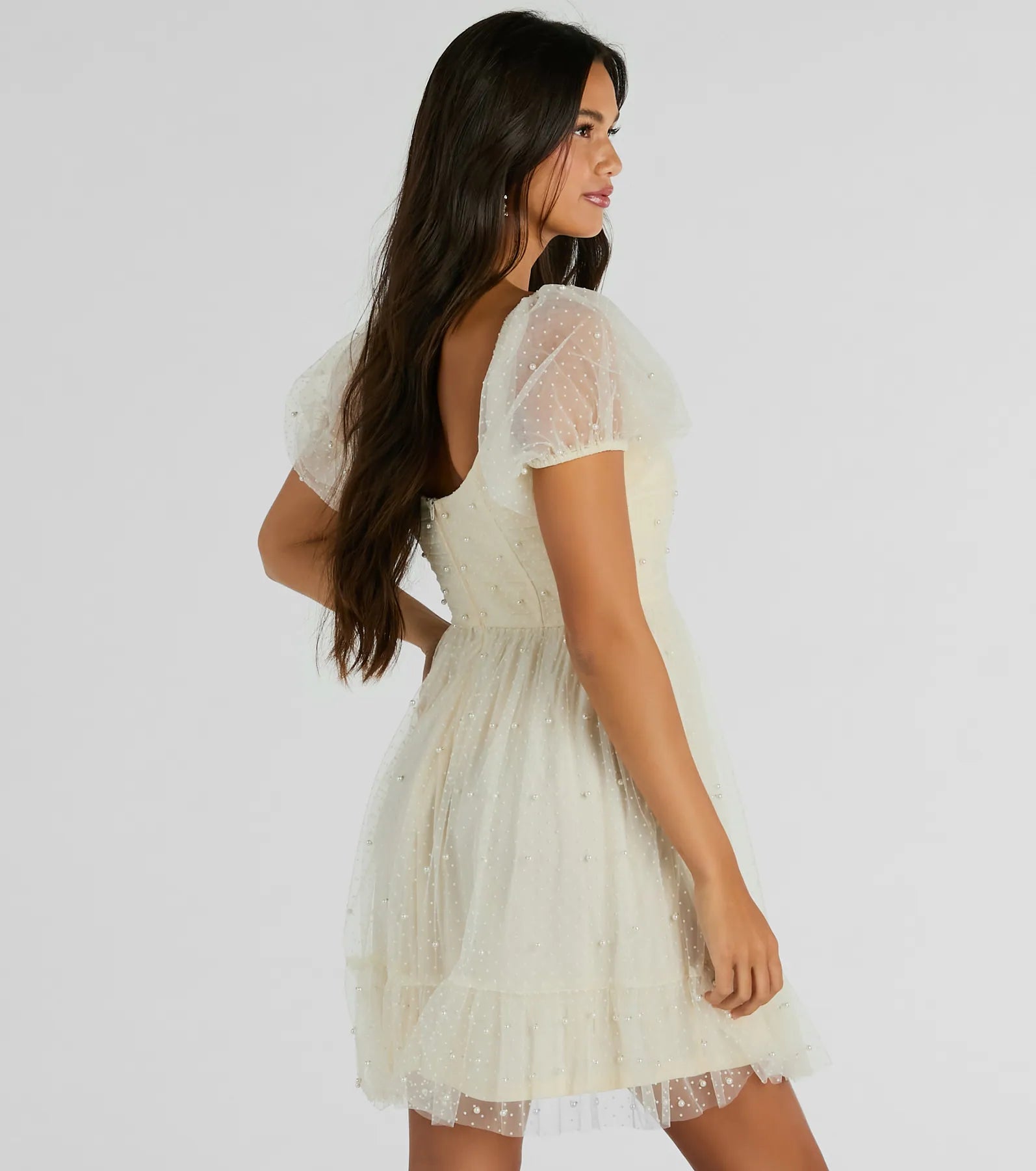 Raise A Toast Puff Sleeve Faux Pearl Babydoll Dress