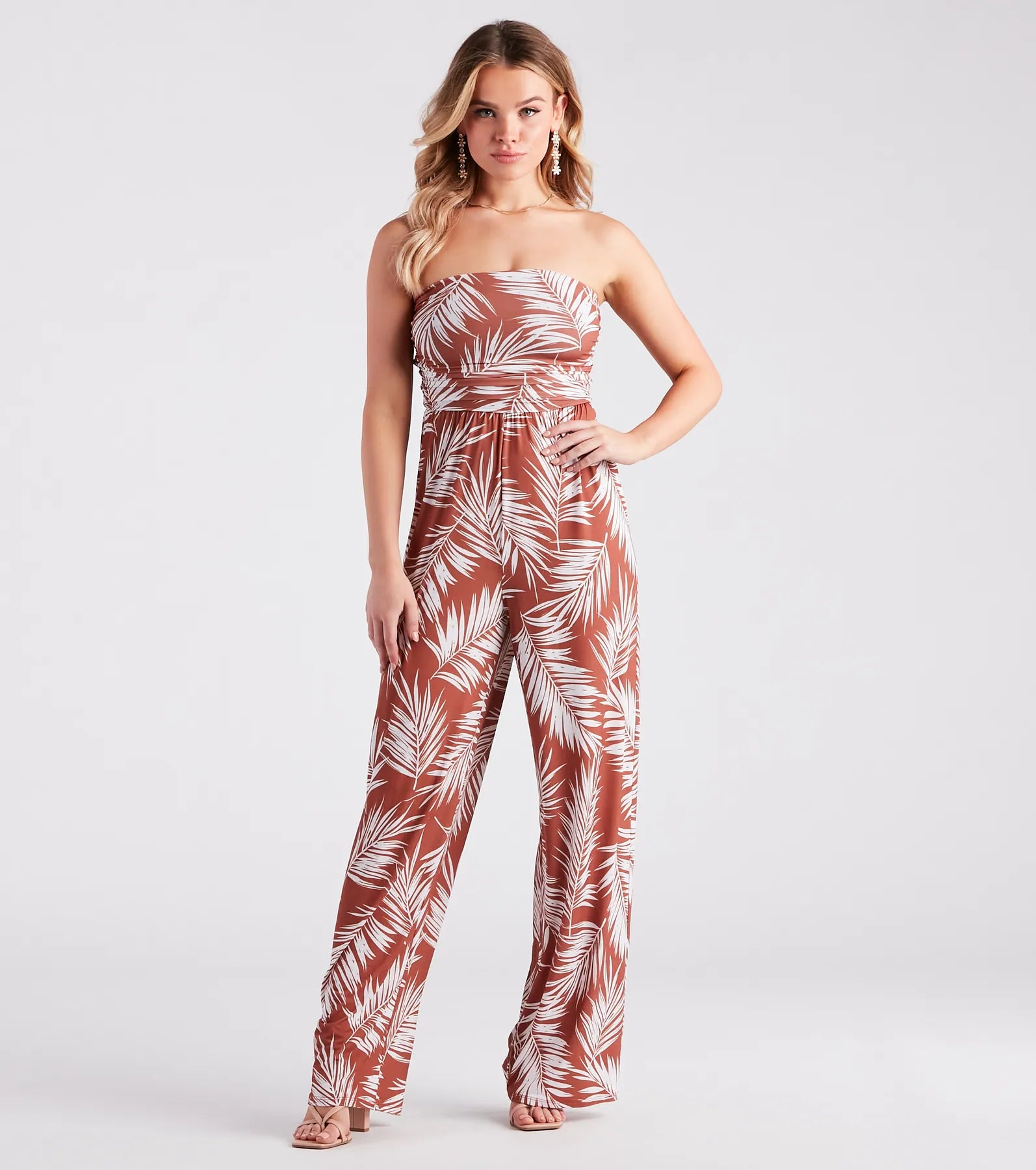 Sunset Cruise Tropical Print Strapless Jumpsuit