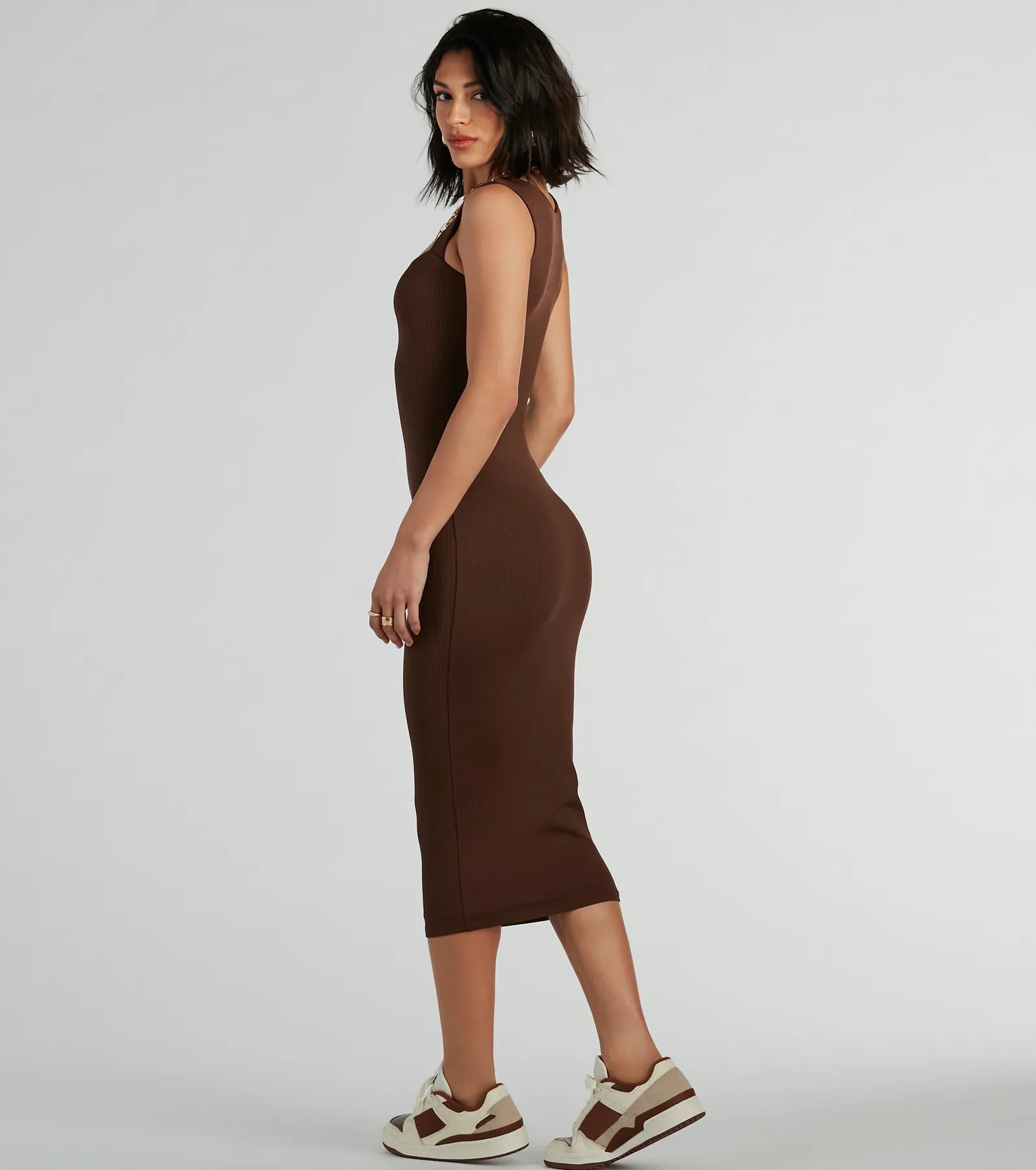 Smooth Silhouette Square Neck Tank Midi Dress