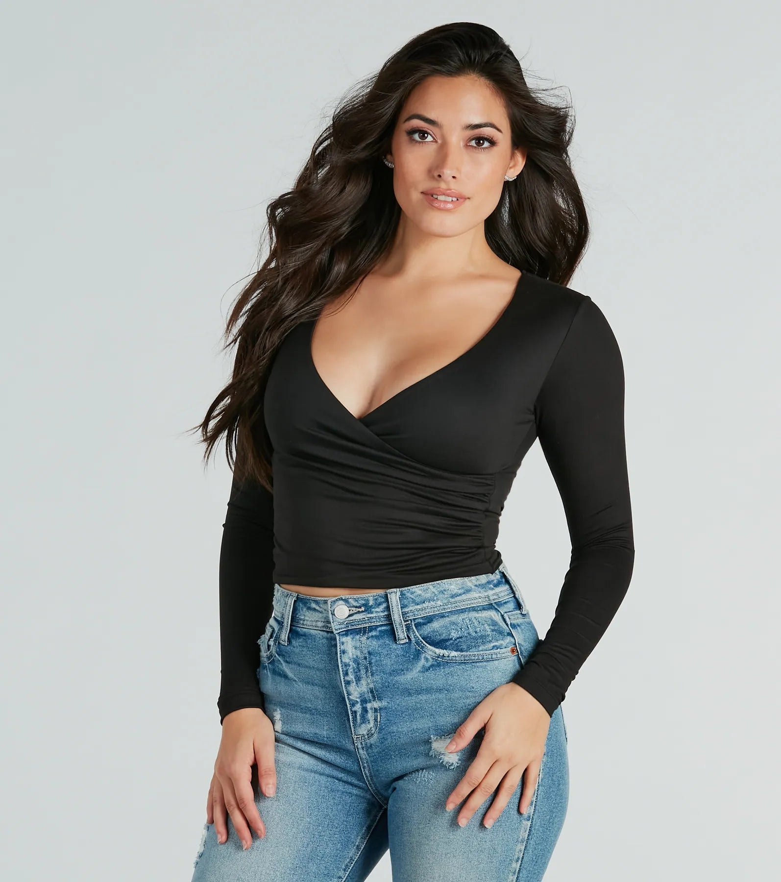 Instant Sensation Surplice Long Sleeve Crop Top