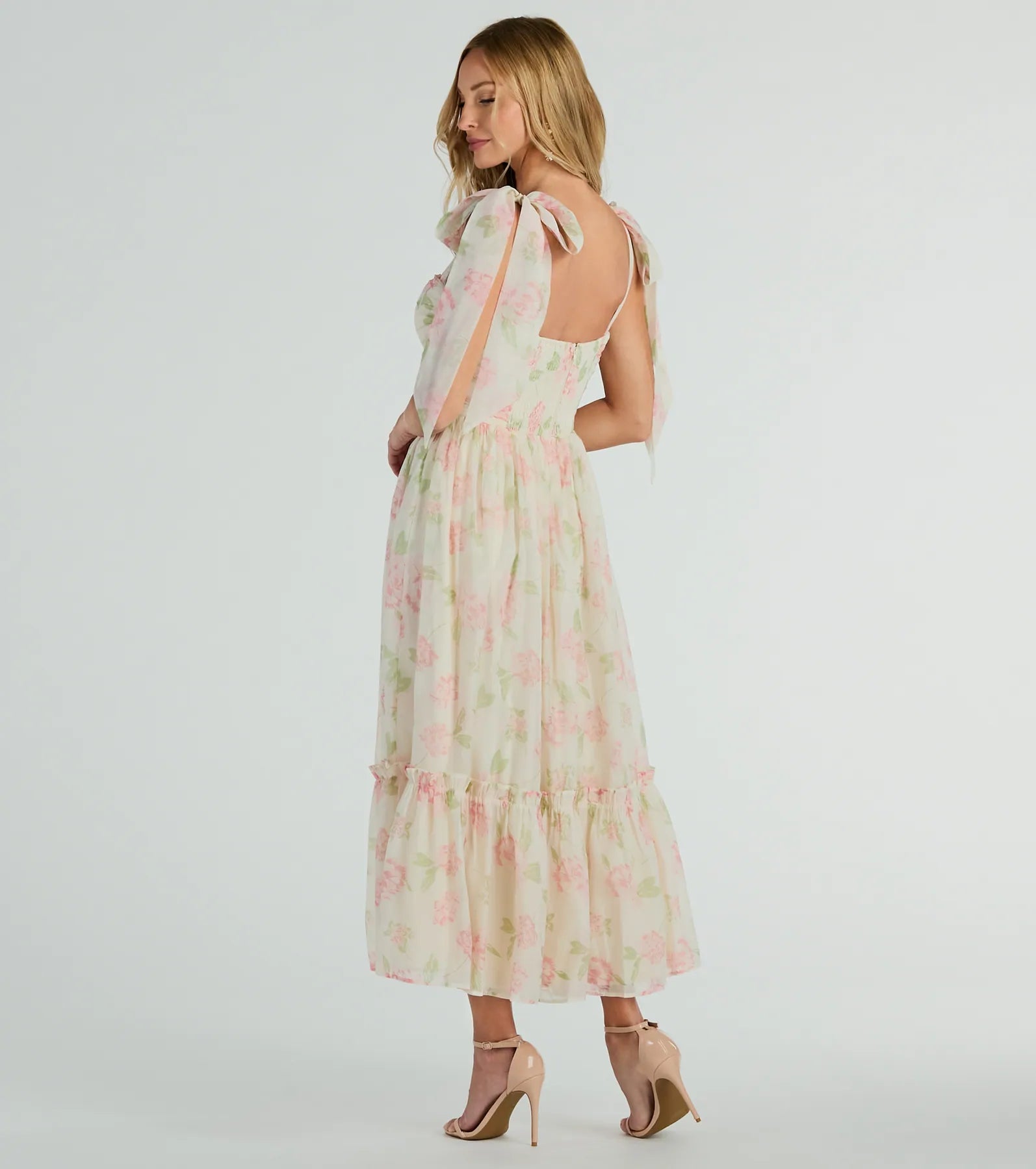 Gretchen Sweetheart Tie Floral Chiffon Midi Dress