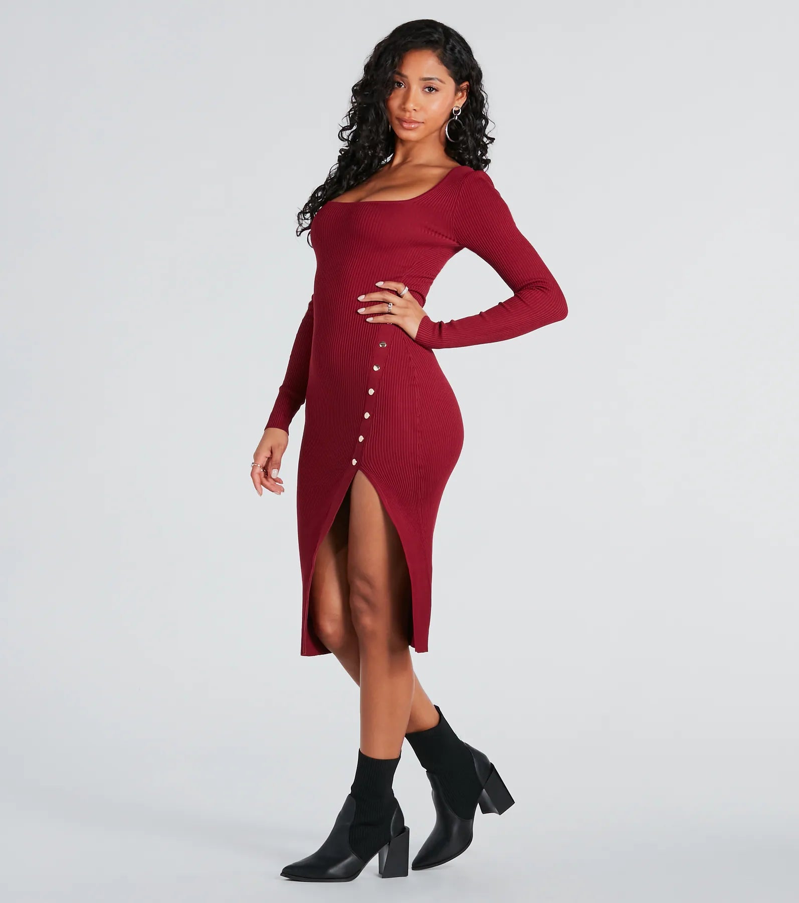 Stylish Snap Button Sweater Midi Dress