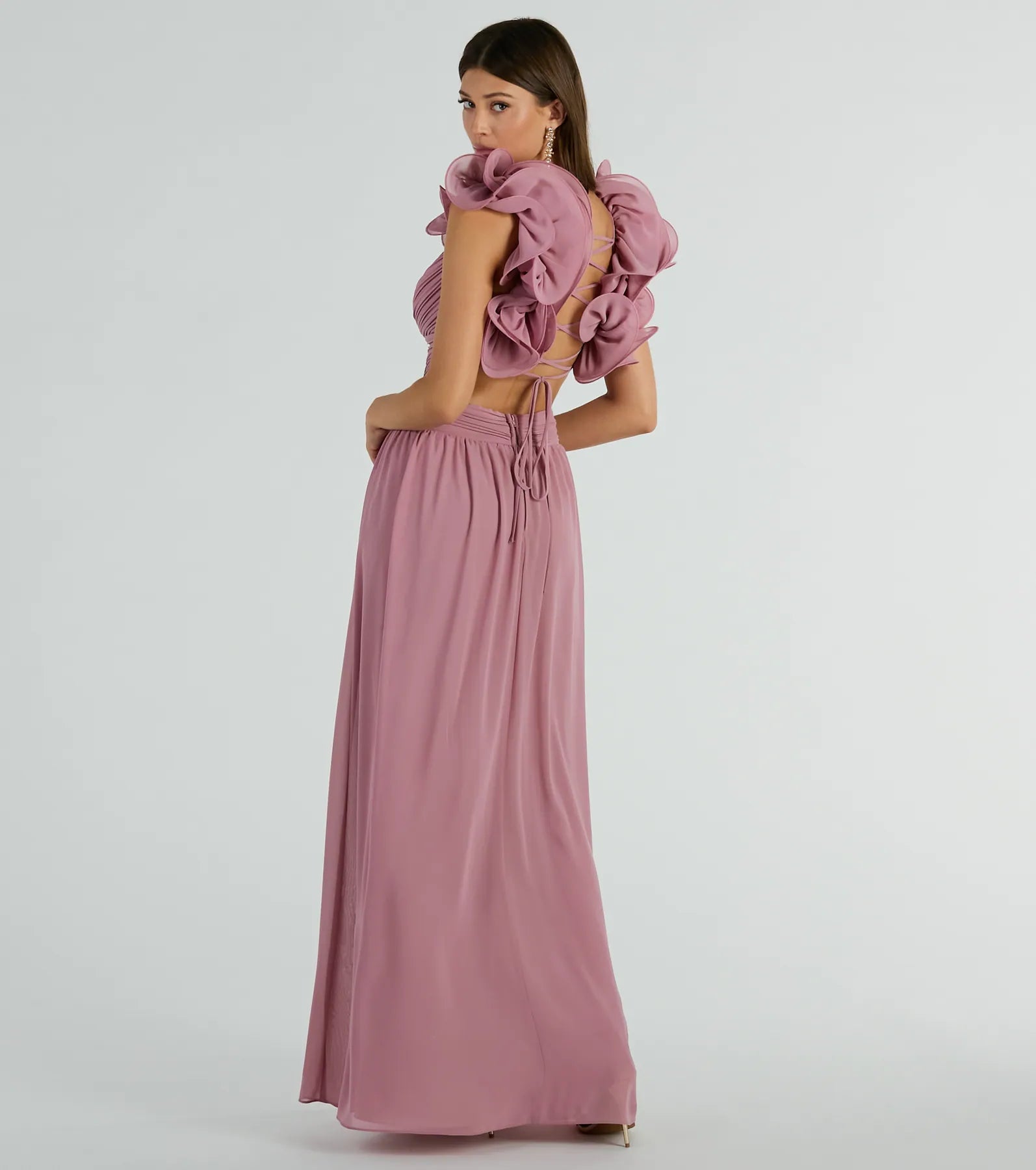 Anne Marie Lace-Up Ruffle A-Line Chiffon Formal Dress