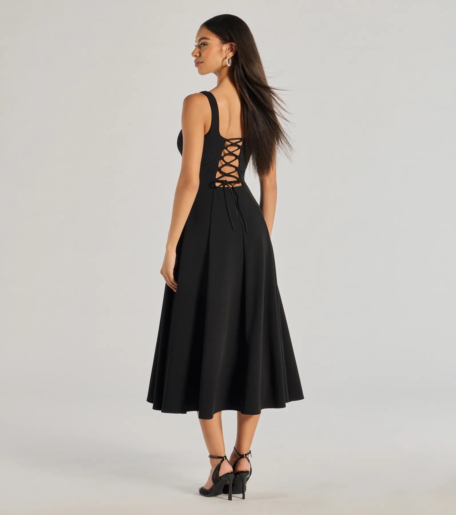 Silvia Lace-Up Fit And Flare Midi Crepe Dress