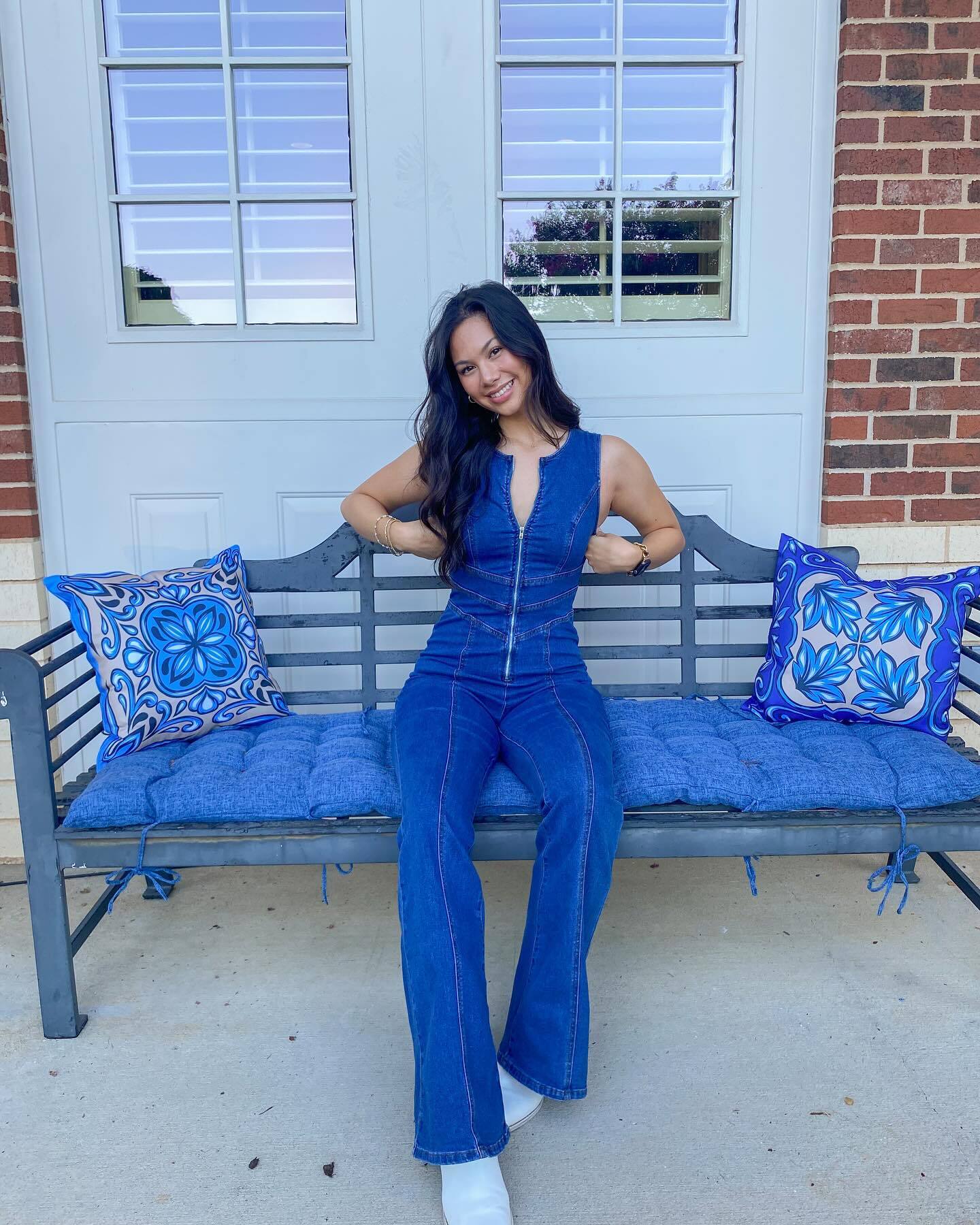 Heart Open Zip Up Flare Denim Jumpsuit