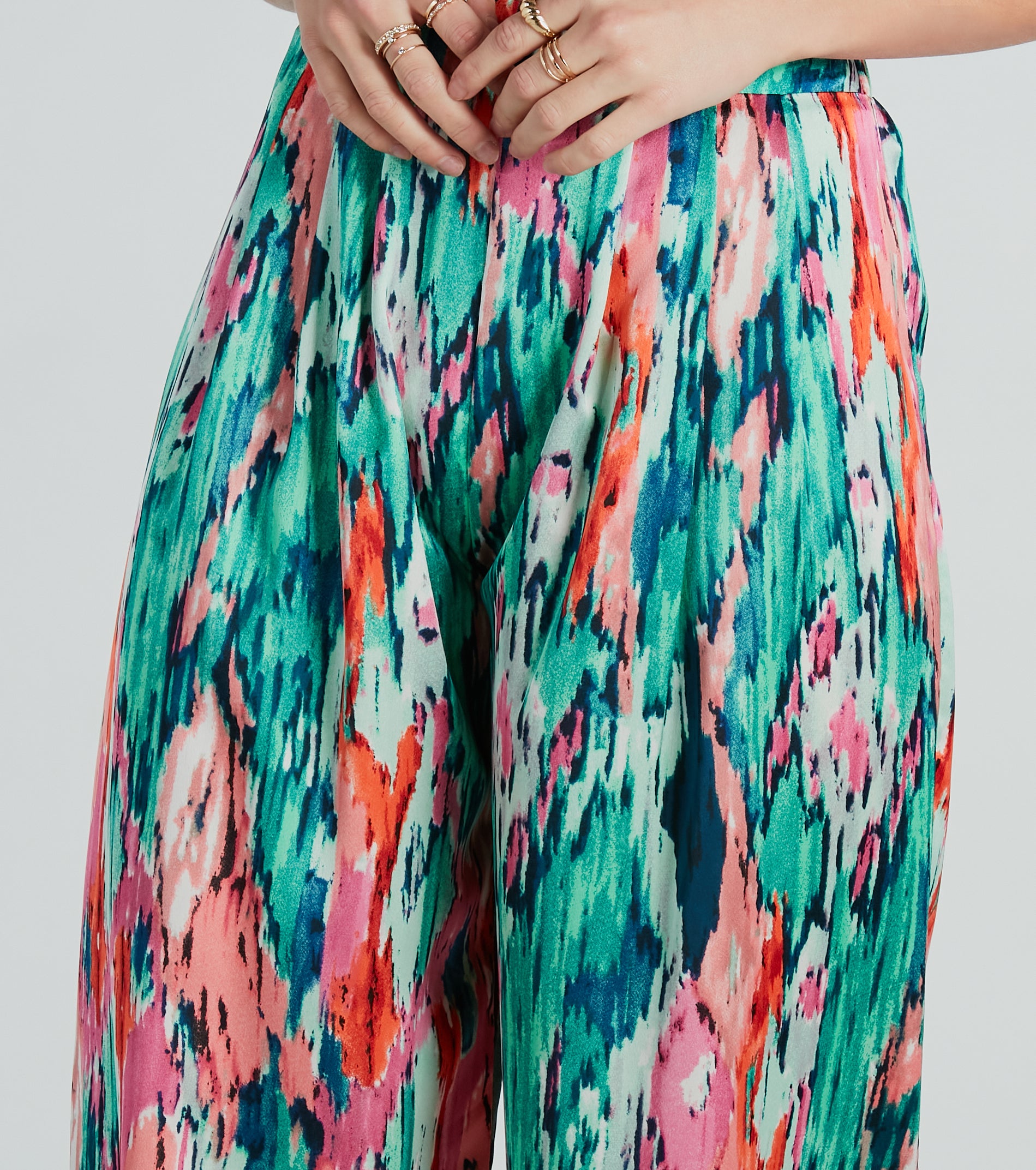 Color Me Pretty Satin Abstract Wide-Leg Pants