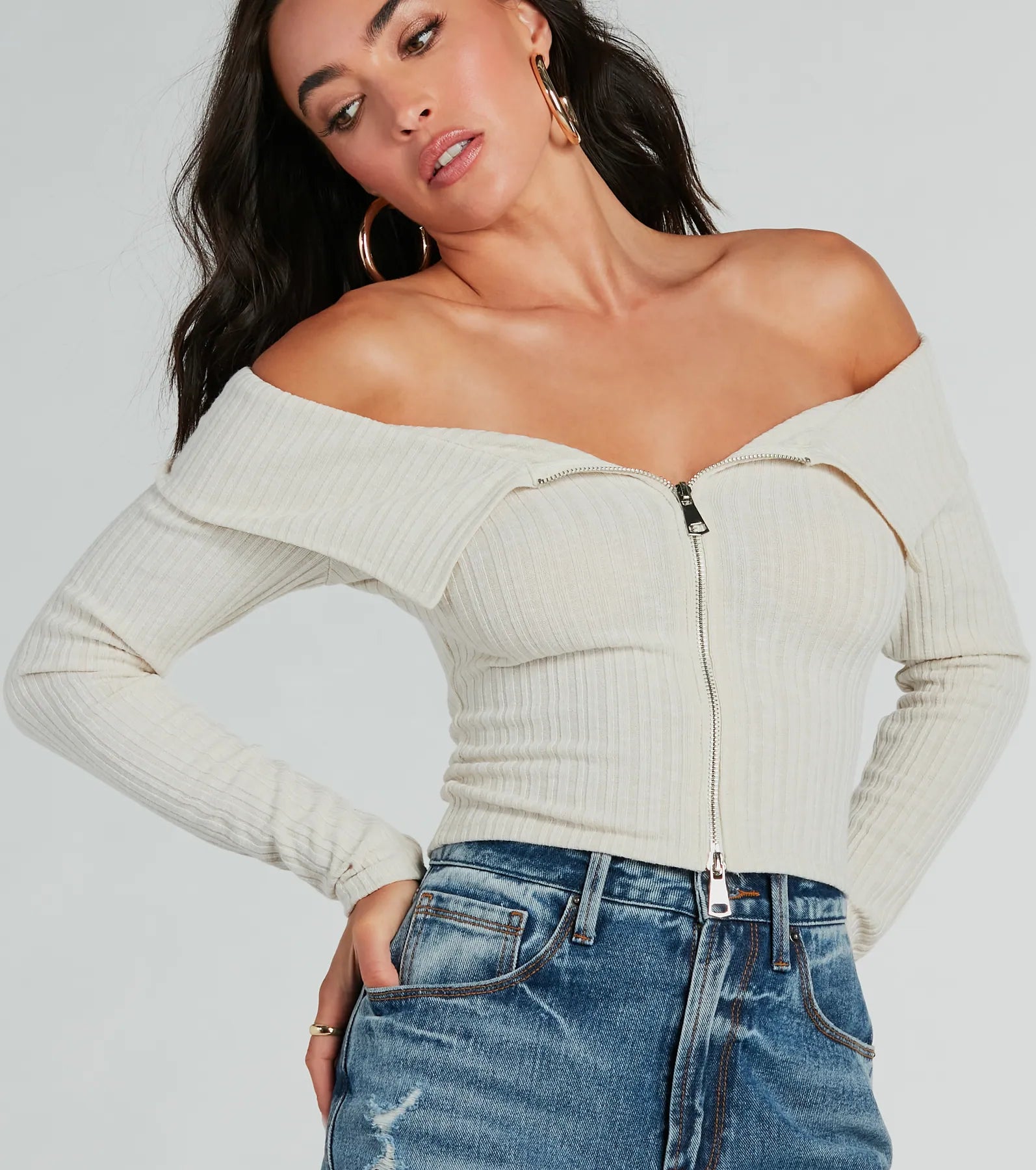 Cutely Charming Off-The-Shoulder Zipper Top