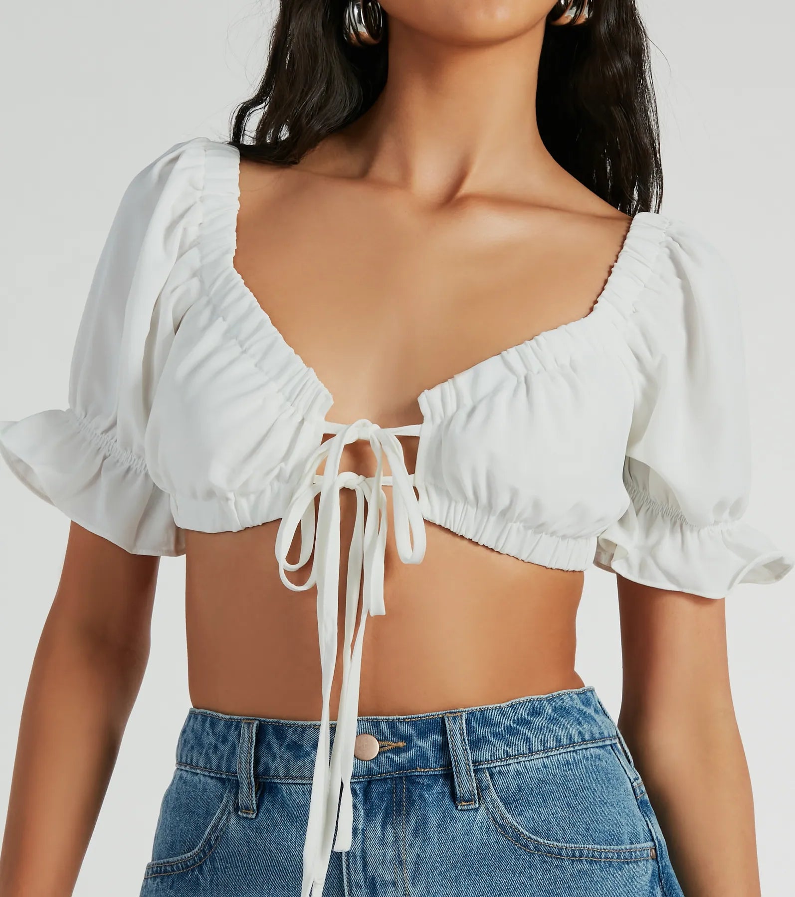 Fresh Look Puff Sleeve Tie-Front Crop Top