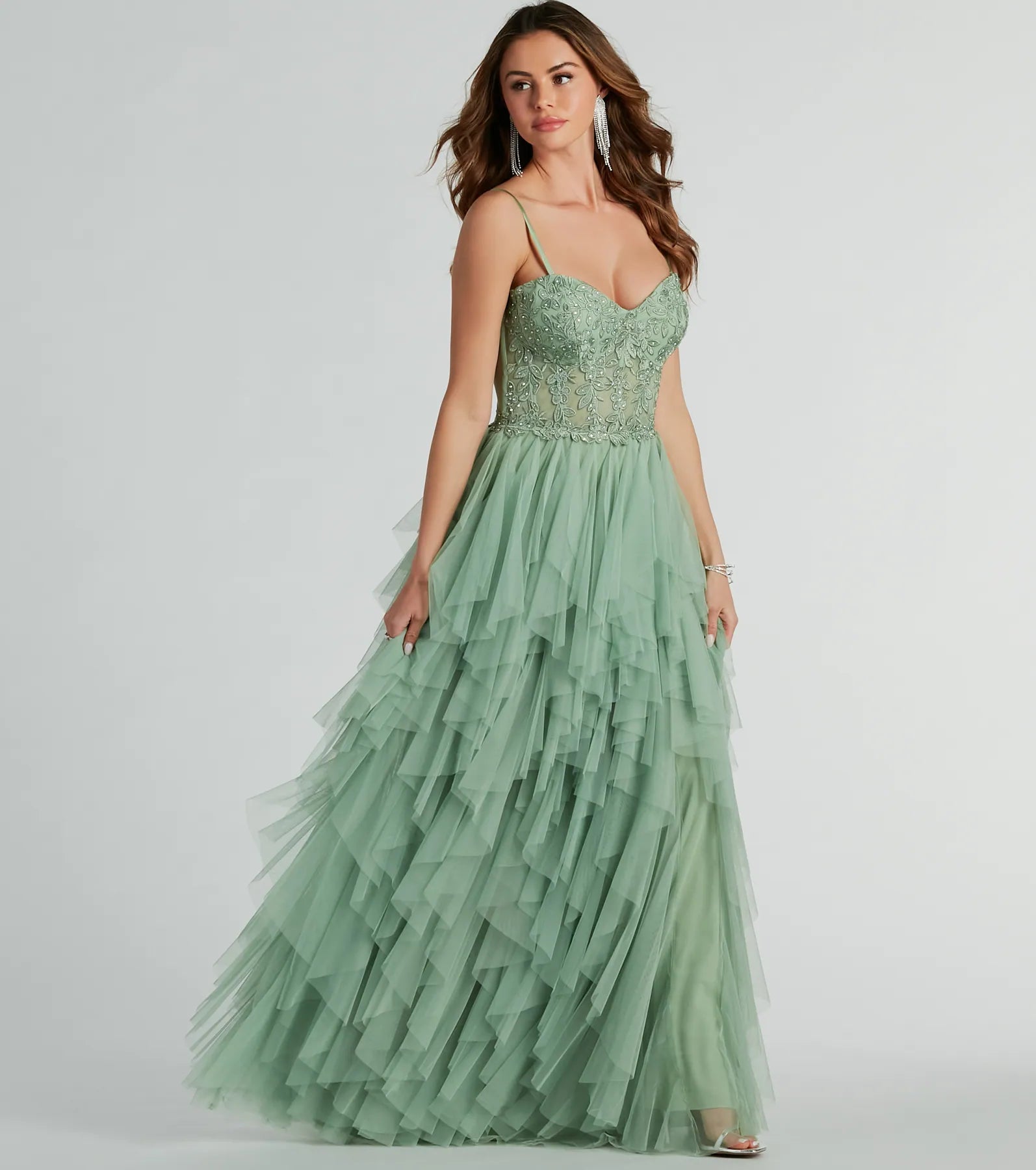 Keyla Floral Applique Tiered Ruffle Tulle Gown