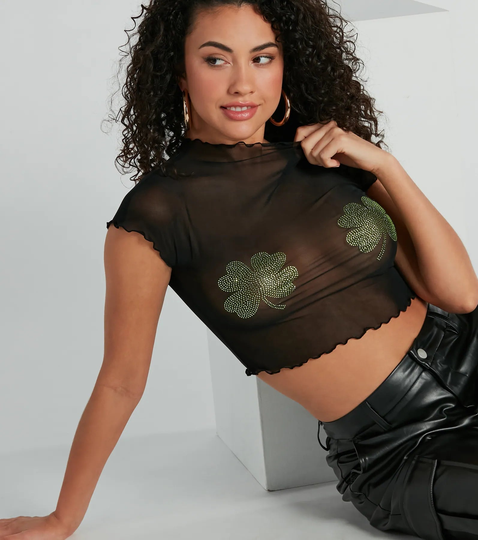 Sultry Charm Four-Leaf Clover Sheer Mesh Crop Top