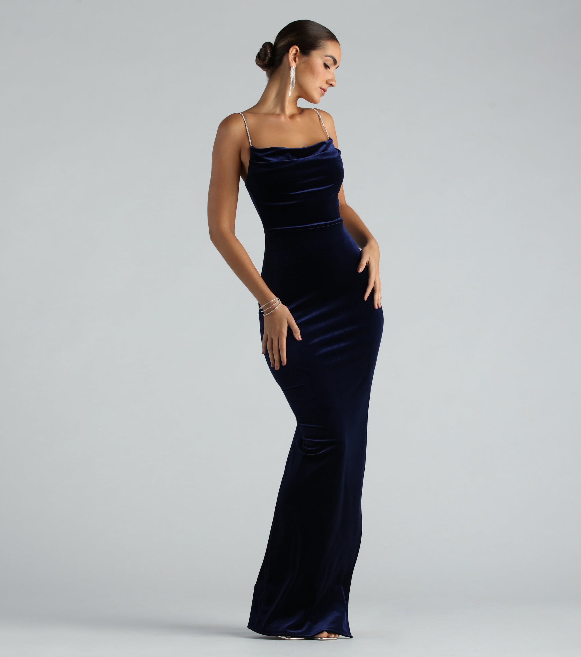 Penny Formal Velvet Rhinestone Strap Long Dress