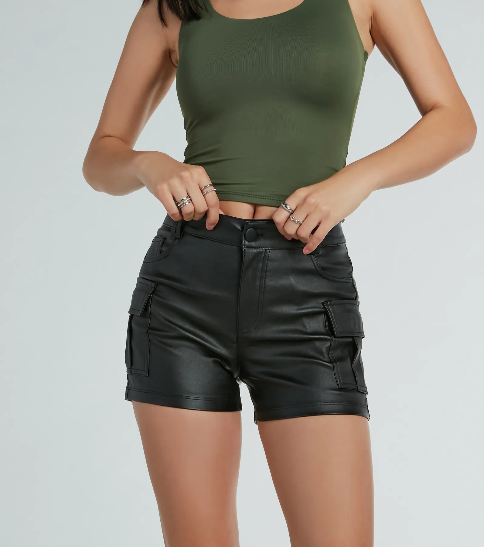 Turn Up Cargo Metallic Faux Leather Shorts