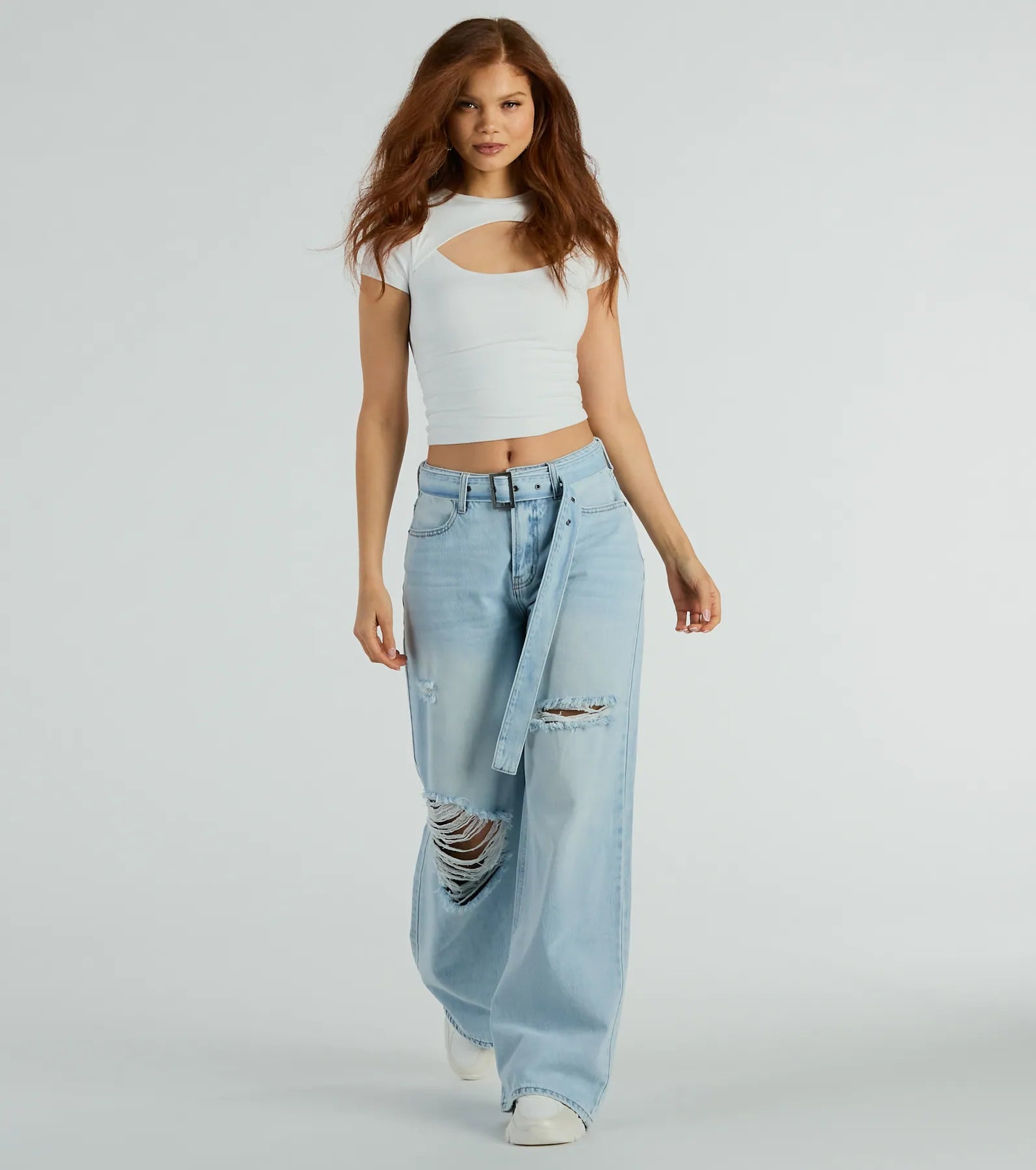 Cool Vibes High-Rise Belted Destructed Wide-Leg Jeans