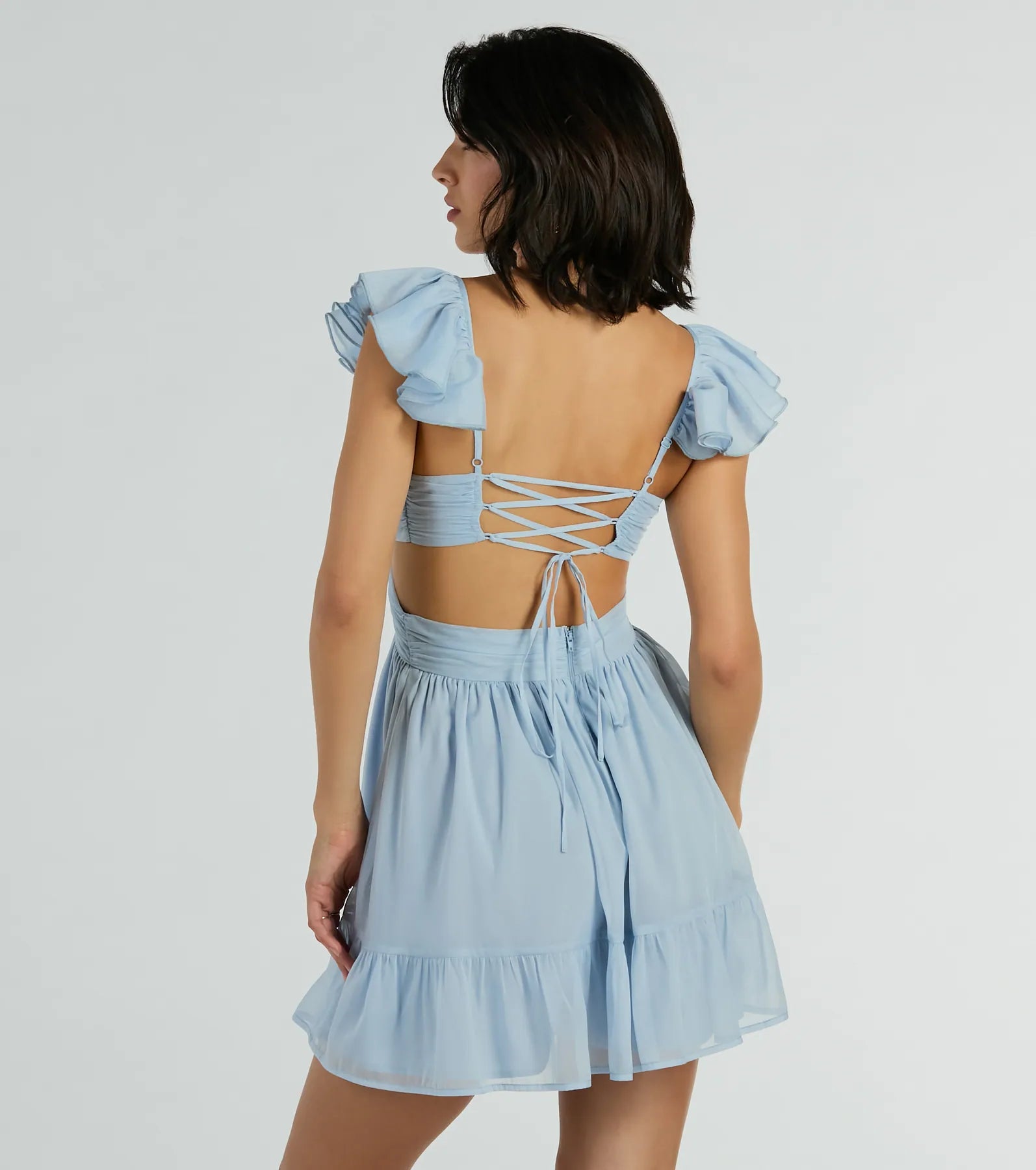 Cherry On Top Lace-Up Cutout Chiffon Skater Dress