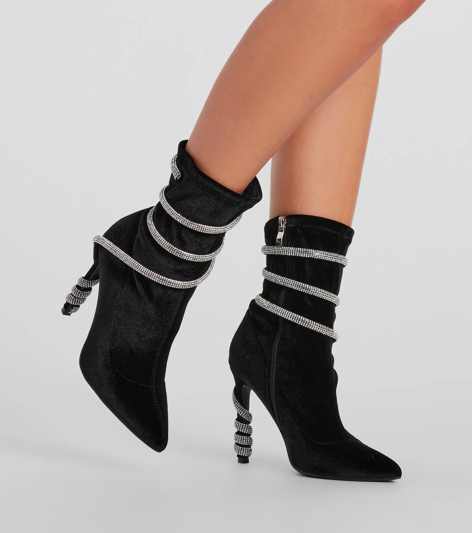 Looking Iconic Rhinestone Spiral Strap Stiletto Booties