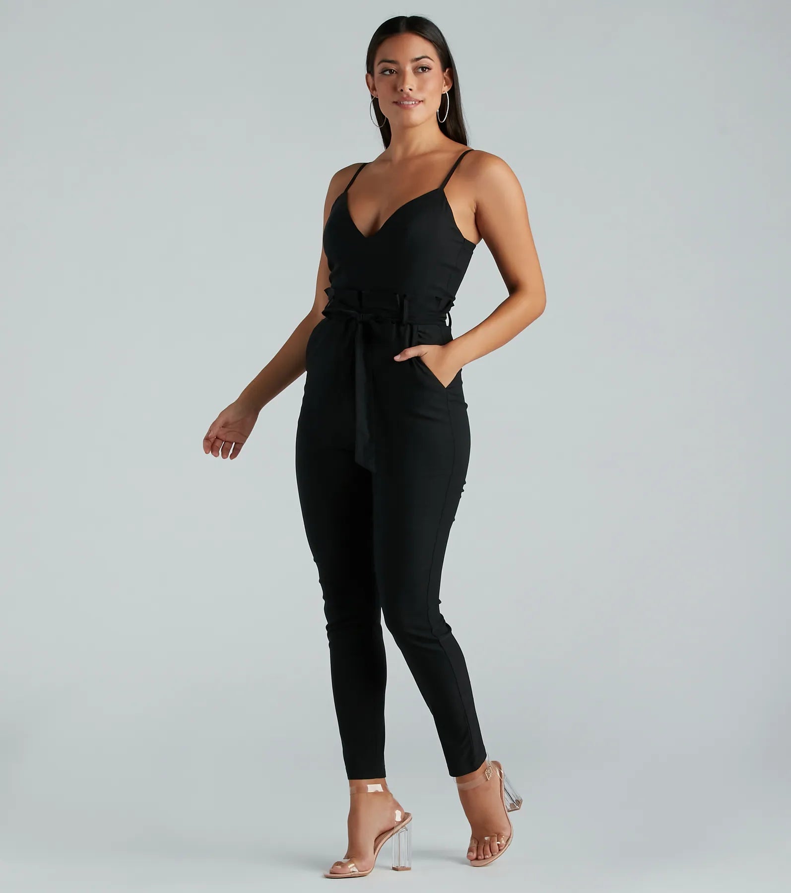 Straight To Business V-Neck Paper Bag Jumpsuit