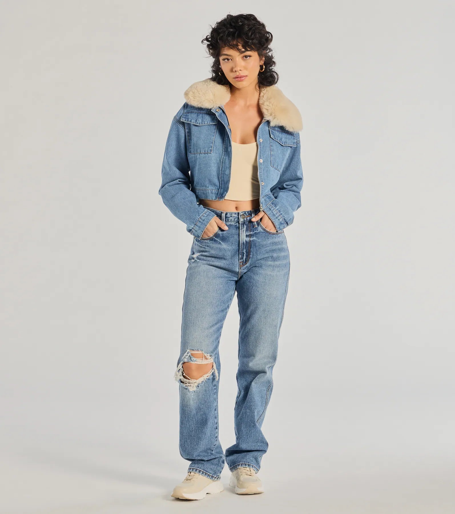 Casual Trendsetter Faux Fur Denim Trucker Jacket