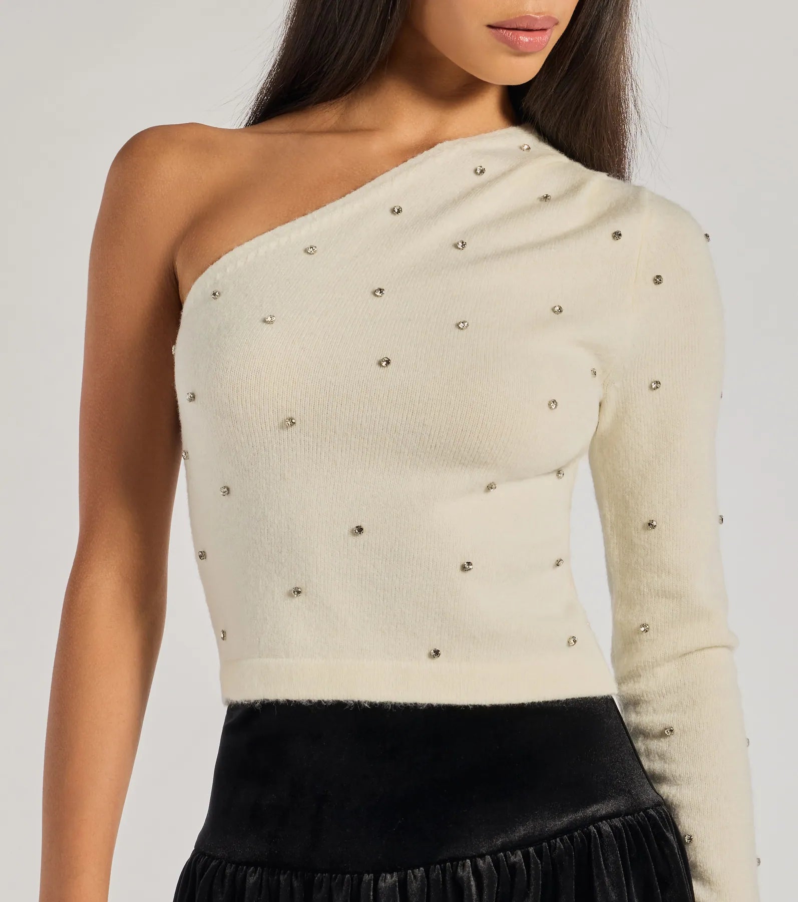 All That Glam Rhinestone One-Shoulder Top