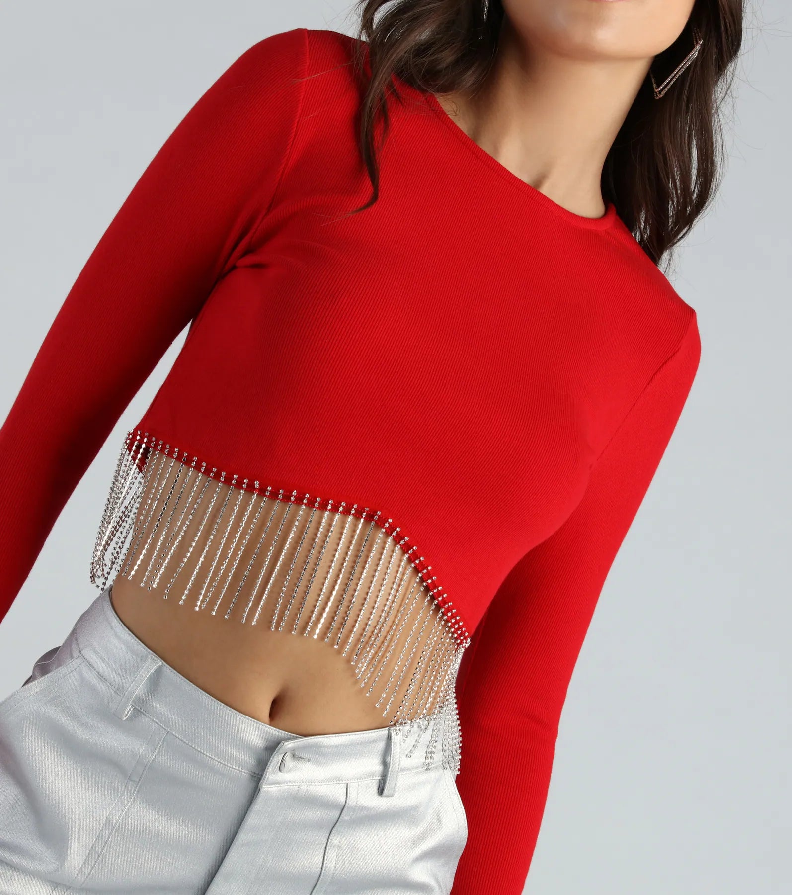 Glam Experince Rhinestone Fringe Crop Top