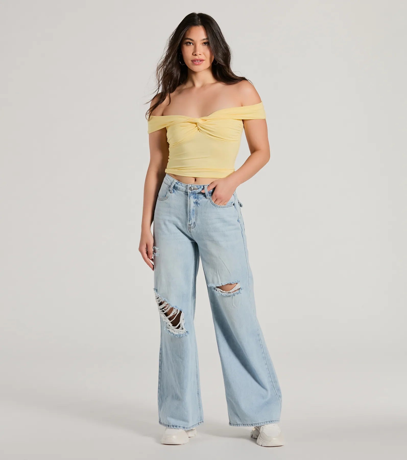 Trendy Twist-Front Off-The-Shoulder Crop Top