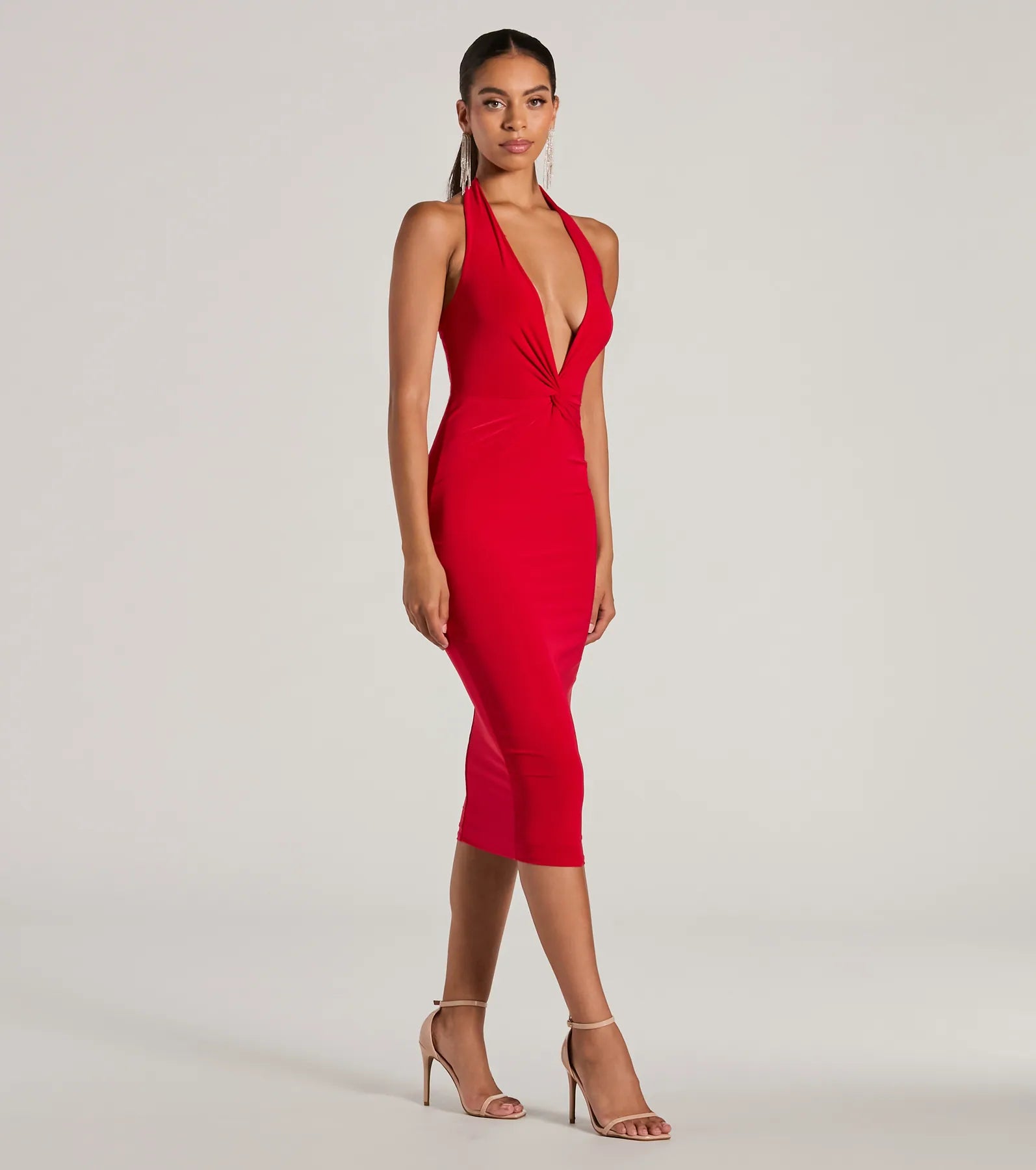 Evening Of Sultry Plunge V-Neck Halter Midi Dress