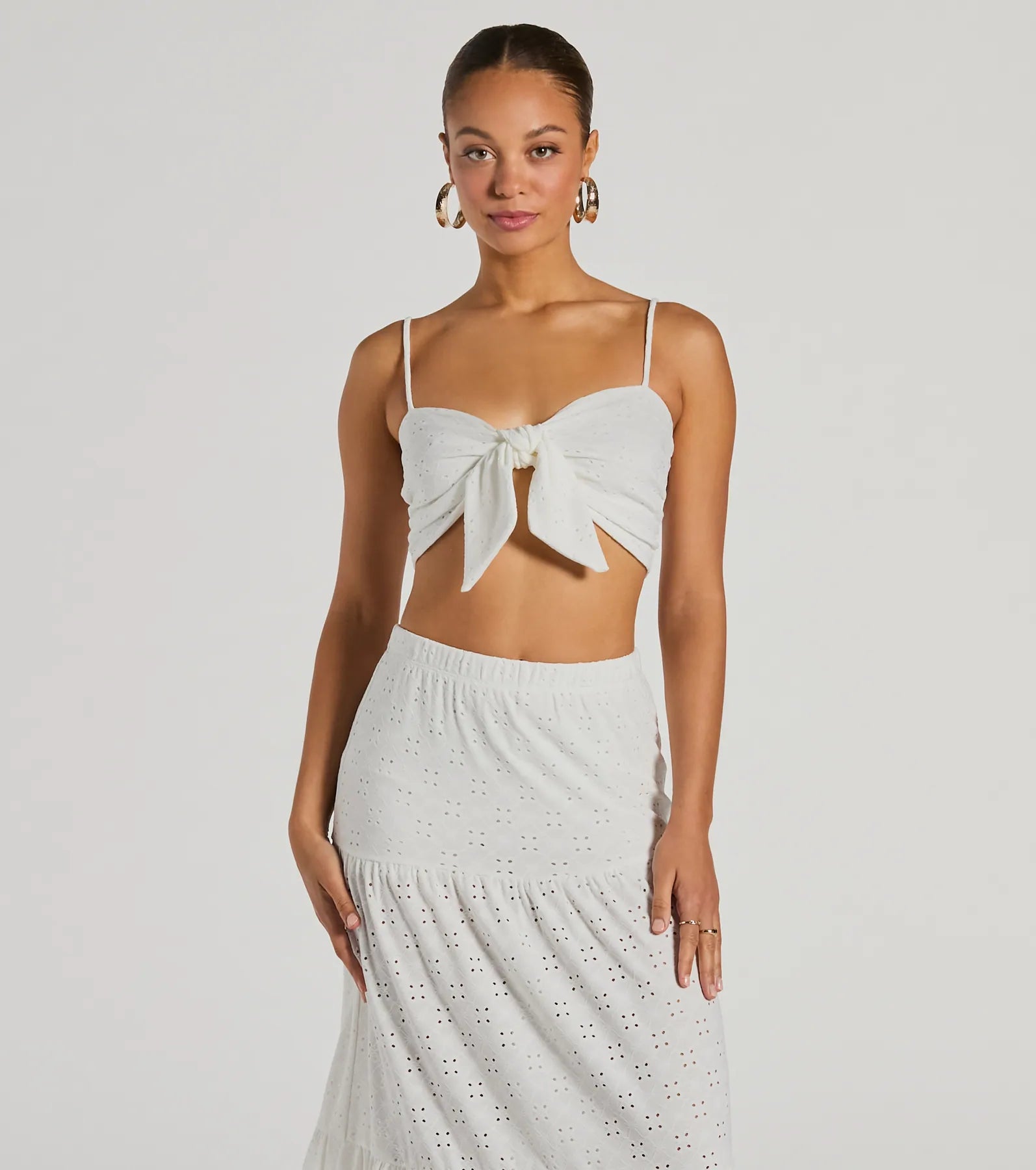 Vibe Of Summer Tie Front Eyelet Crop Top