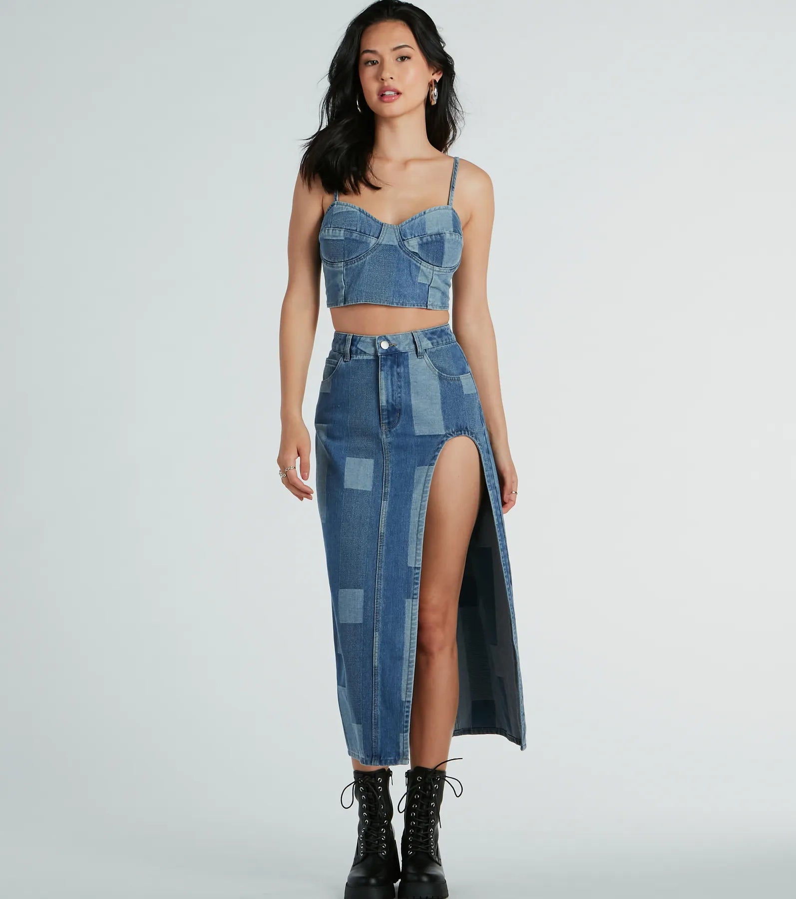 Retro Fab High Slit Patchwork Denim Maxi Skirt