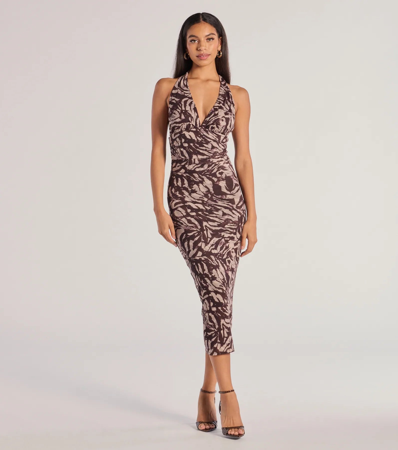 Fierce Style Zebra Print Mesh Halter Midi Dress