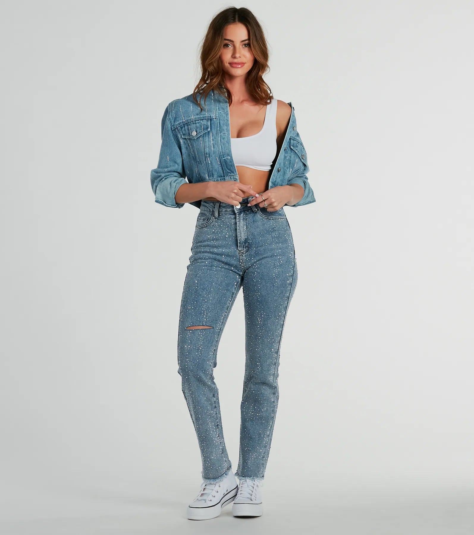 Glam Girlie Rhinestone High Waist Straight-Leg Jeans