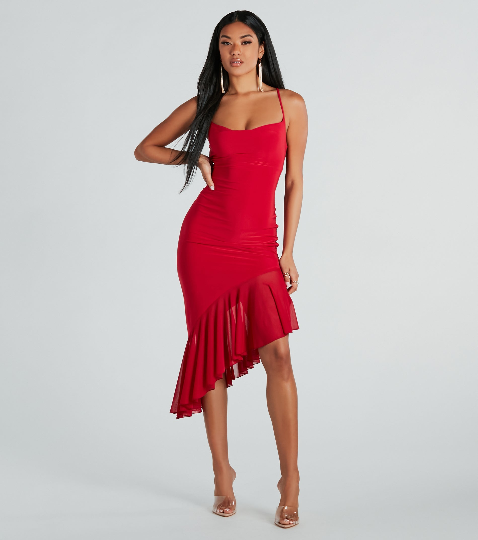 Timeless Allure Cowl Neck Mesh Ruffle Midi Dress