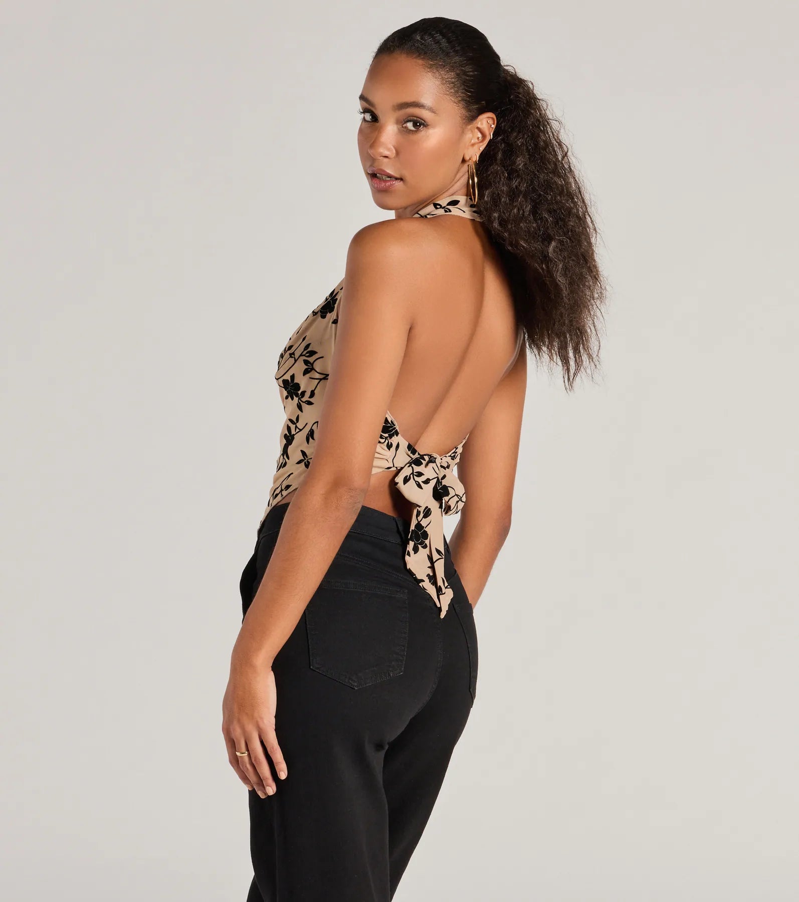 Bold Romance Flocked Floral Print Halter Top