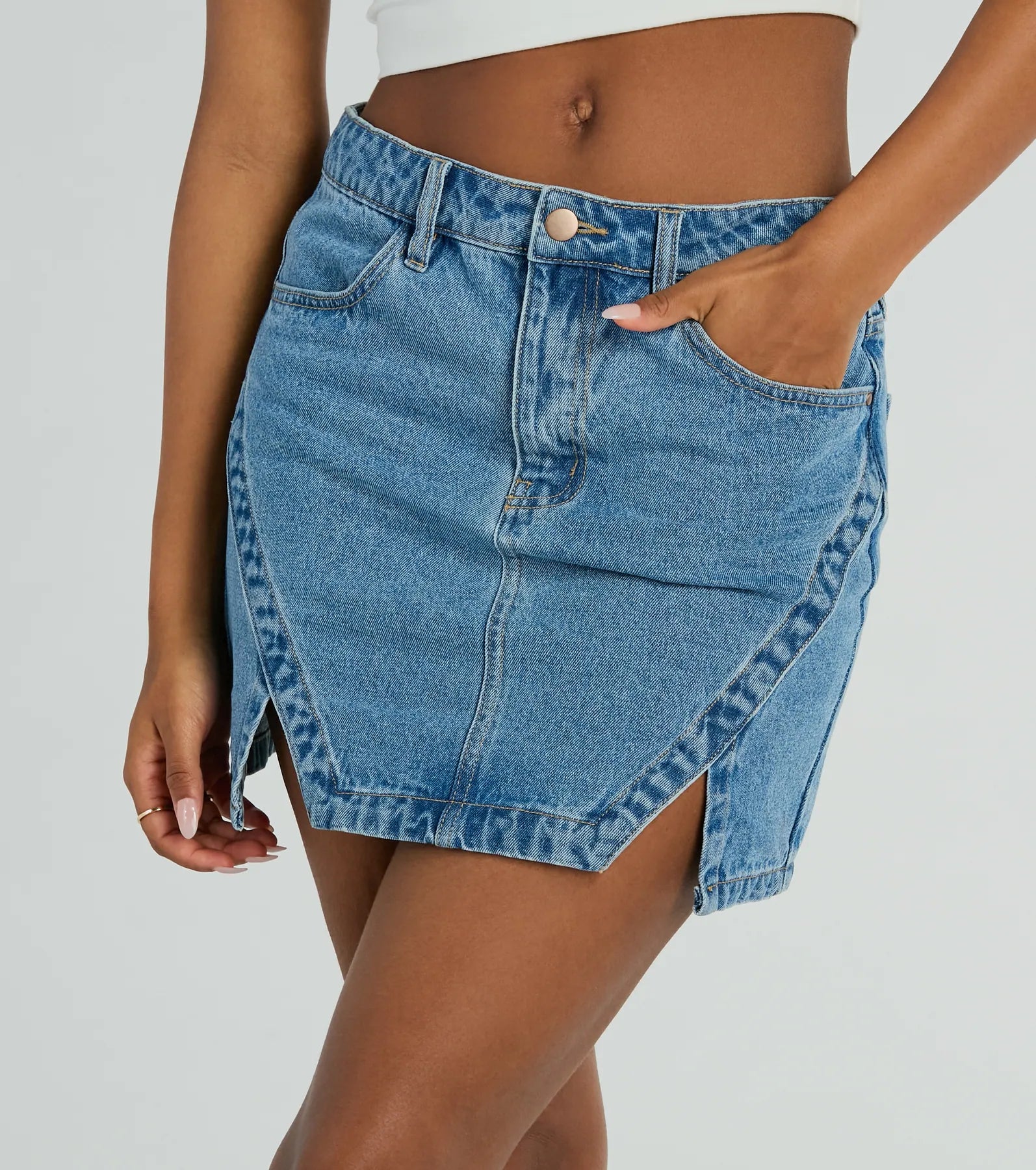 Playfully Perfect High Rise Slit Mini Denim Skirt