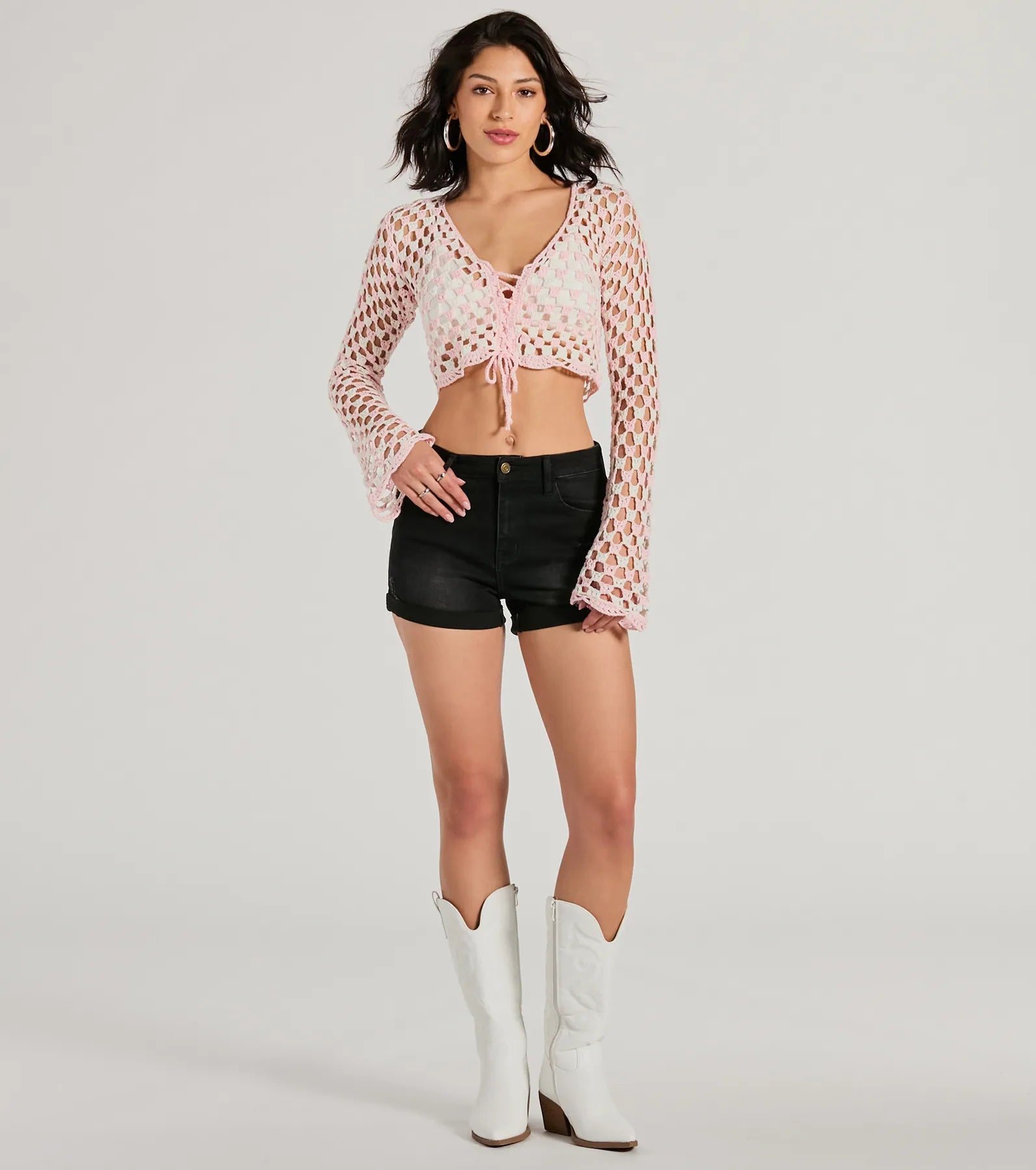 Total Trend Long Sleeve Checker Crochet Sweater