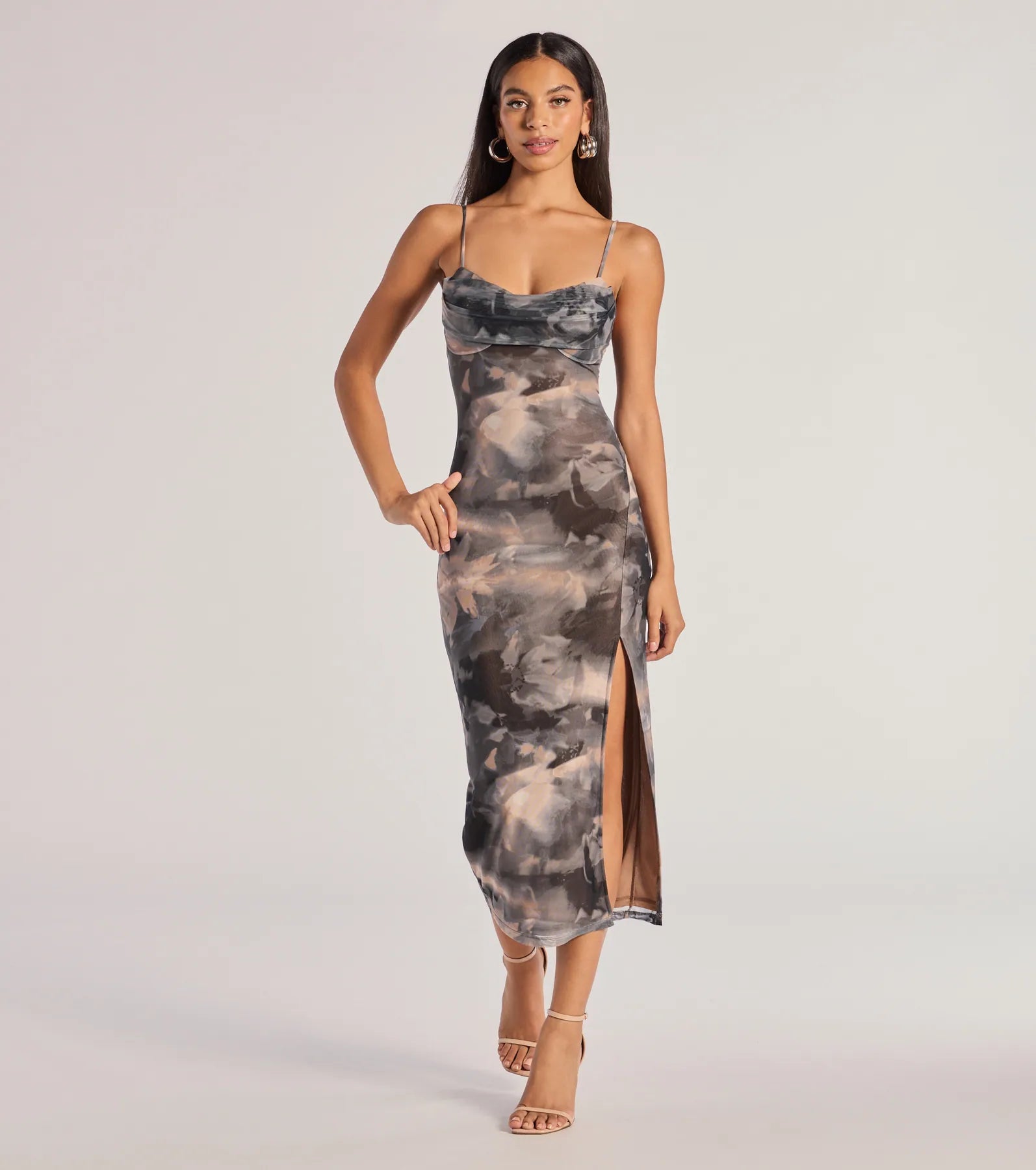 Dare To Allure Abstract Print High Slit Midi Dress