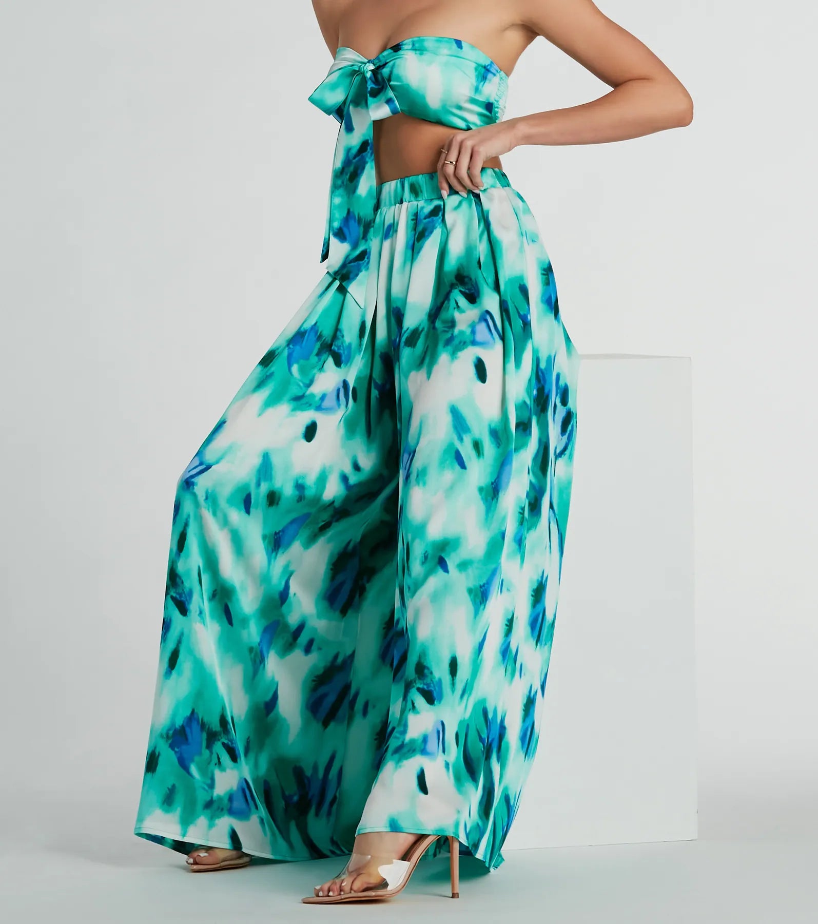 Forever Muse Abstract Satin Wide-Leg Pants