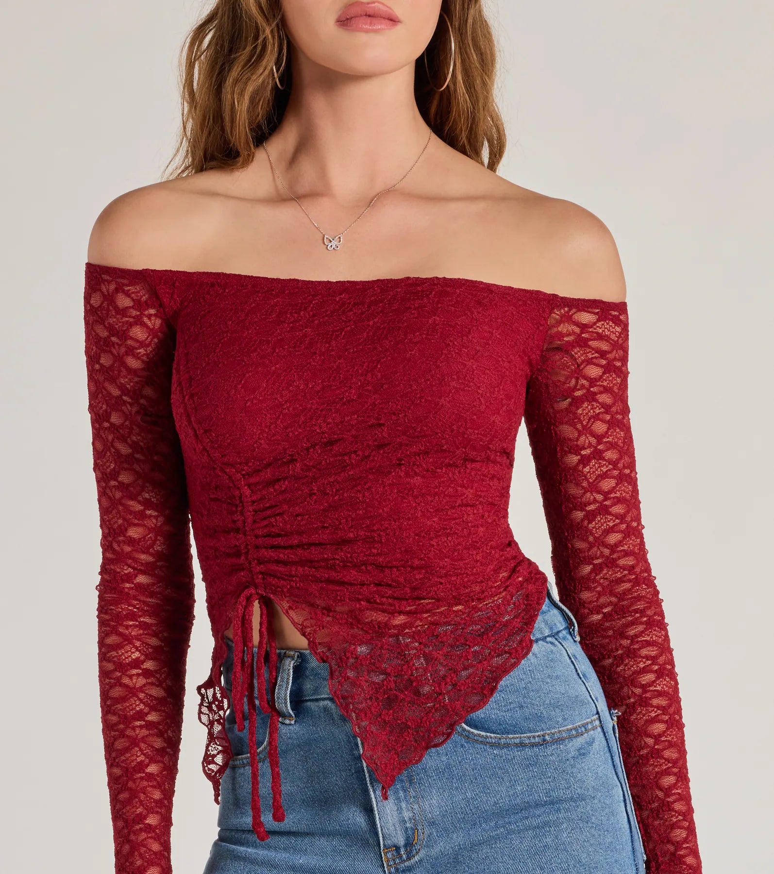 Trendy Babe Off-The-Shoulder Ruched Lace Top